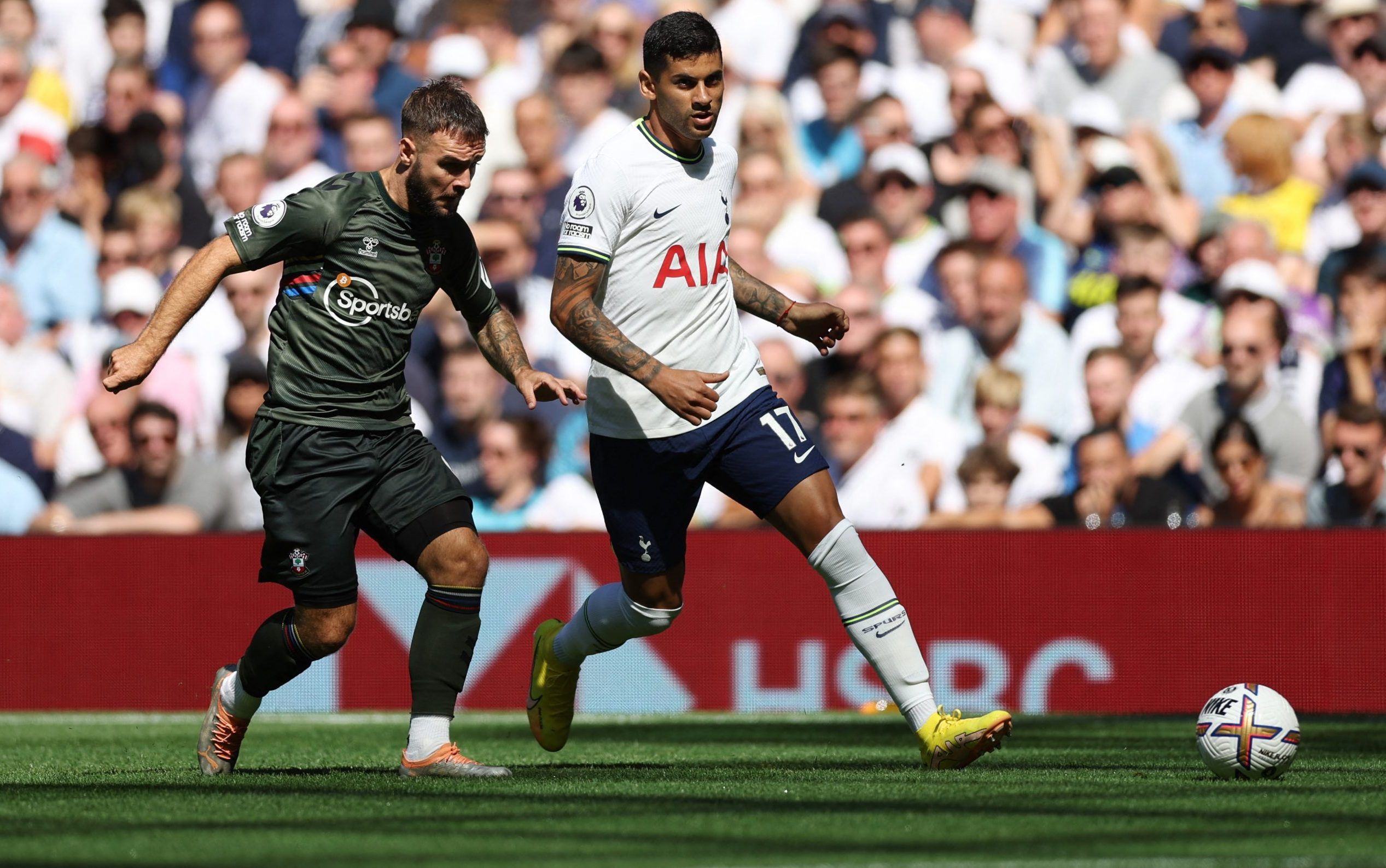 Spurs defender Cristian Romero in action vs Southampton