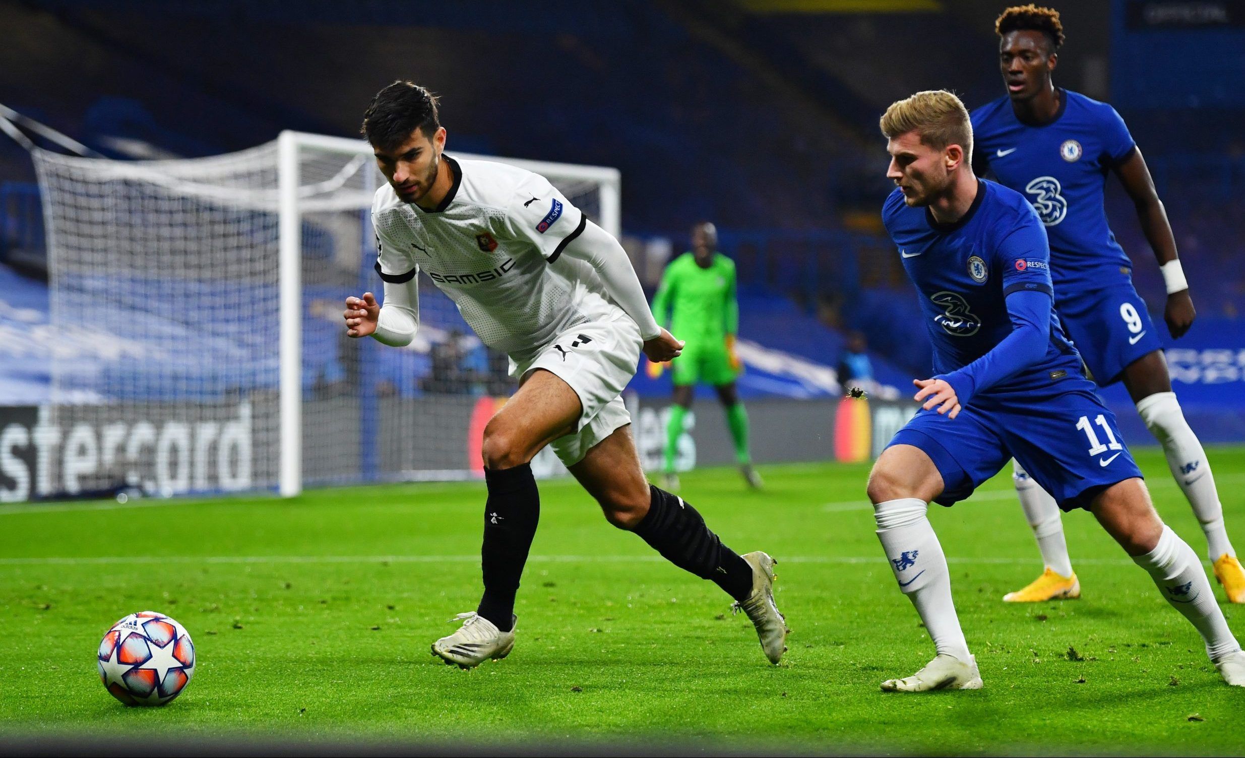 Stade Rennes' Martin Terrier in action with Chelsea's Timo Werner 