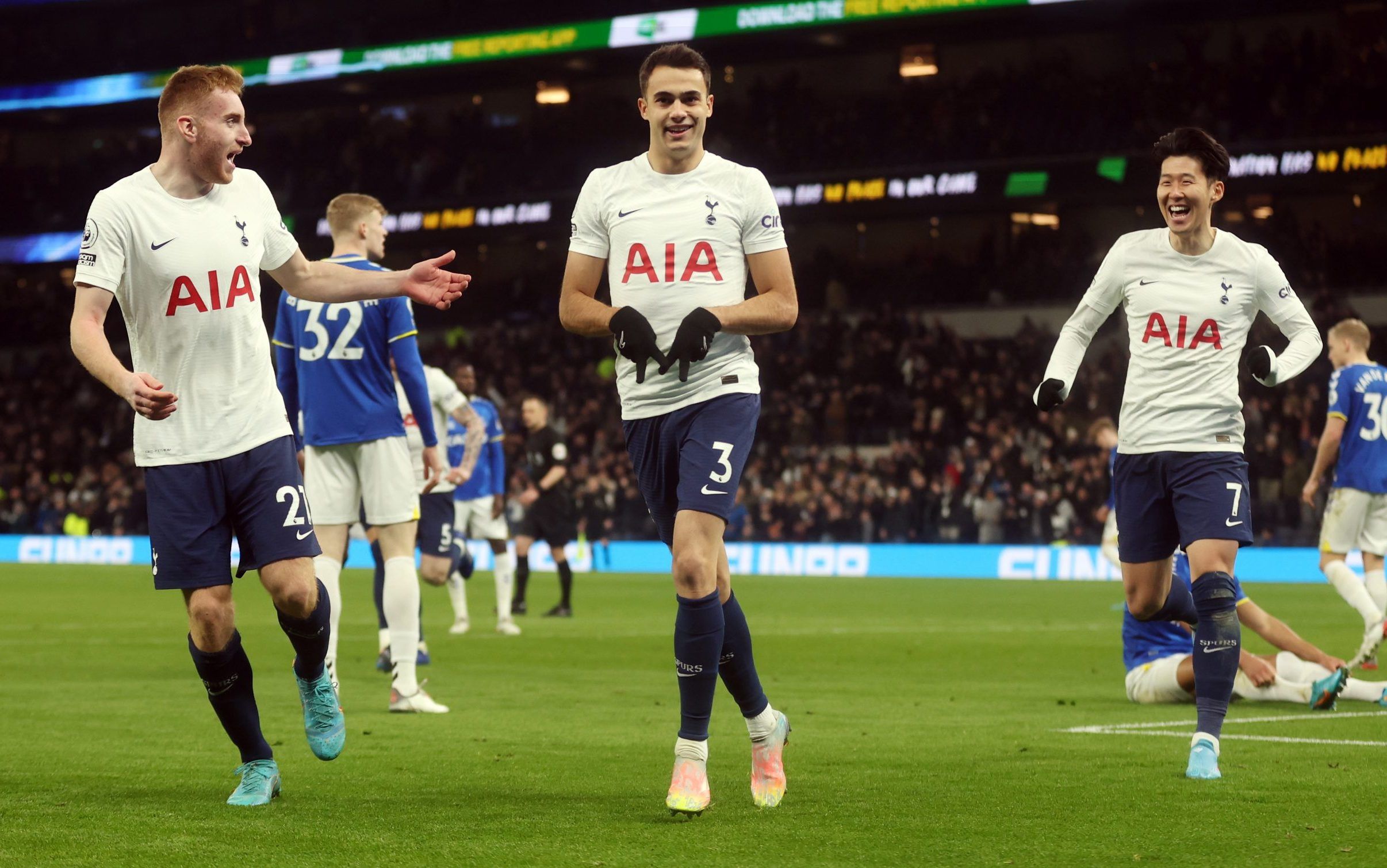 Tottenham Hotspur's Sergio Reguilon celebrates scoring their fourth goal with Dejan Kulusevski and Son Heung-min