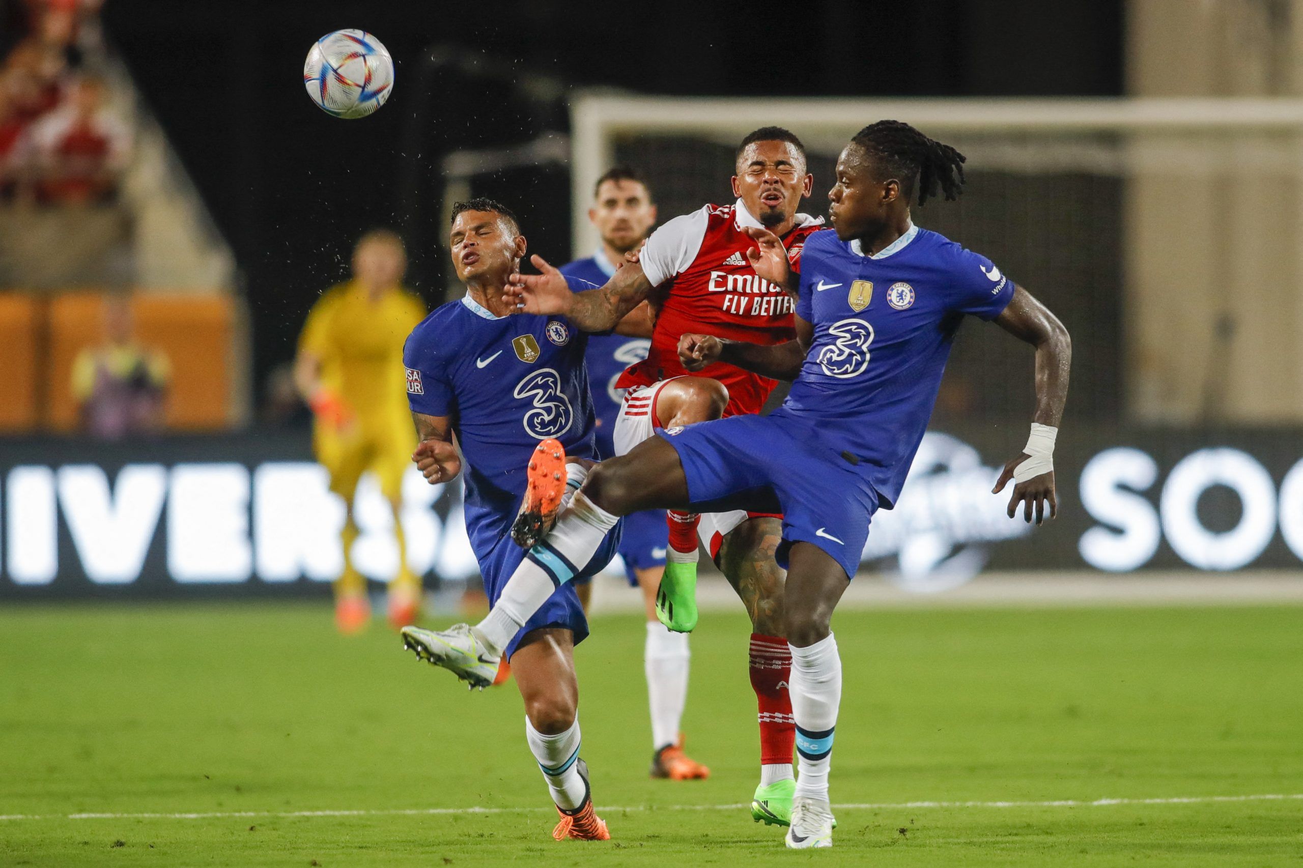 Jul 23, 2022; Orlando, FL, USA; Arsenal forward Gabriel Jesus (middle) battles for possession of the ball against Chelsea defender Thiago Silva (left) and midfielder Trevoh Chalobah (14) during the first half at Camping World Stadium. Mandatory Credit: Sam Navarro-USA TODAY Sports