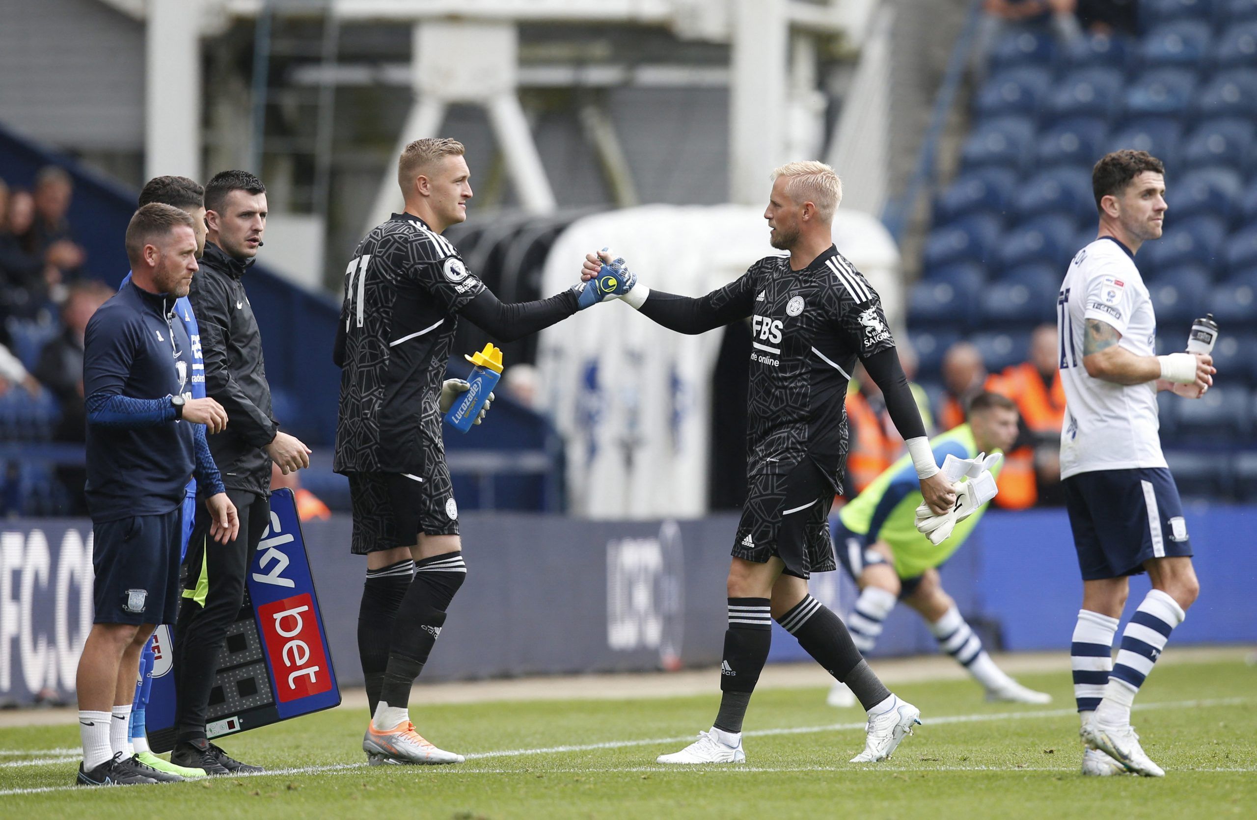 Soccer Football - Pre Season Friendly - Preston North End v Leicester City - Deepdale Stadium, Preston, Britain - July 23, 2022 Leicester City's Daniel Iversen comes on as a substitute to replace Kasper Schmeichel Action Images via Reuters/Ed Sykes