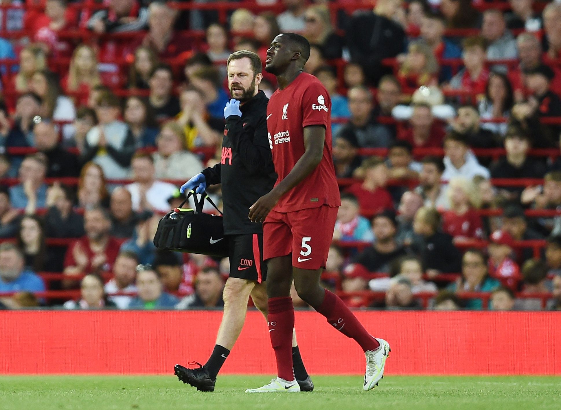 Soccer Football - Pre Season Friendly - Liverpool v RC Strasbourg - Anfield, Liverpool, Britain - July 31, 2022 Liverpool's Ibrahima Konate after sustaining an injury REUTERS/Peter Powell