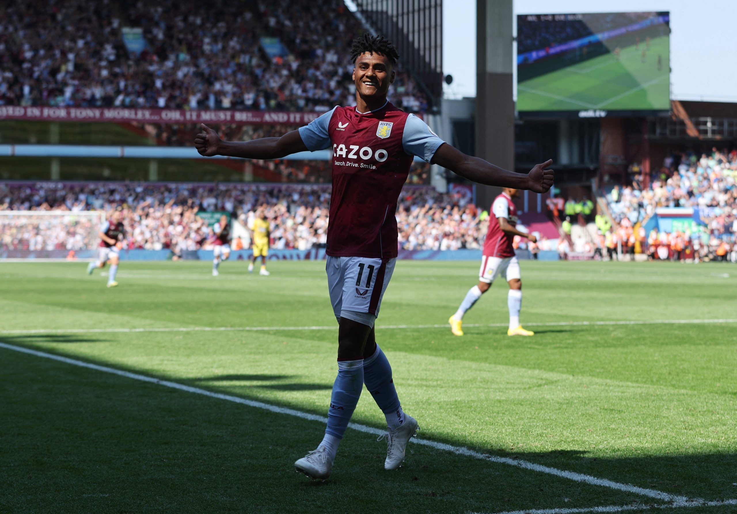 Soccer Football - Premier League - Aston Villa v Everton - Villa Park, Birmingham, Britain - August 13, 2022 Aston Villa's Ollie Watkins celebrates their second goal, scored by Emiliano Buendia Action Images via Reuters/Carl Recine EDITORIAL USE ONLY. No use with unauthorized audio, video, data, fixture lists, club/league logos or 'live' services. Online in-match use limited to 75 images, no video emulation. No use in betting, games or single club /league/player publications.  Please contact you