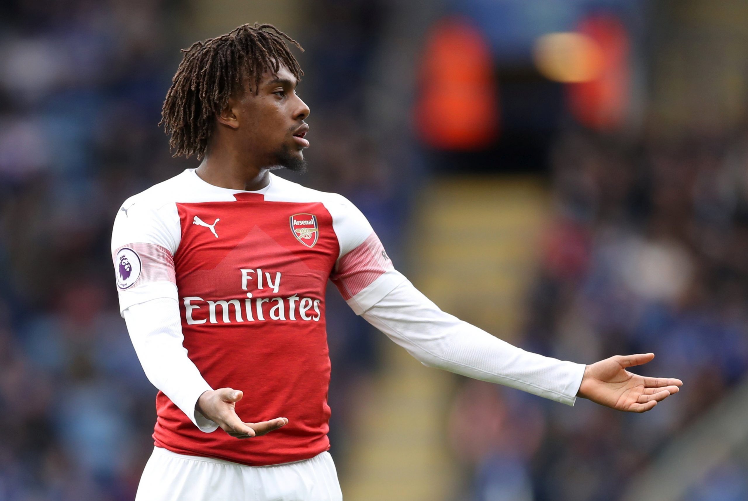 Soccer Football - Premier League - Leicester City v Arsenal - King Power Stadium, Leicester, Britain - April 28, 2019  Arsenal's Alex Iwobi reacts      Action Images via Reuters/Carl Recine  EDITORIAL USE ONLY. No use with unauthorized audio, video, data, fixture lists, club/league logos or 