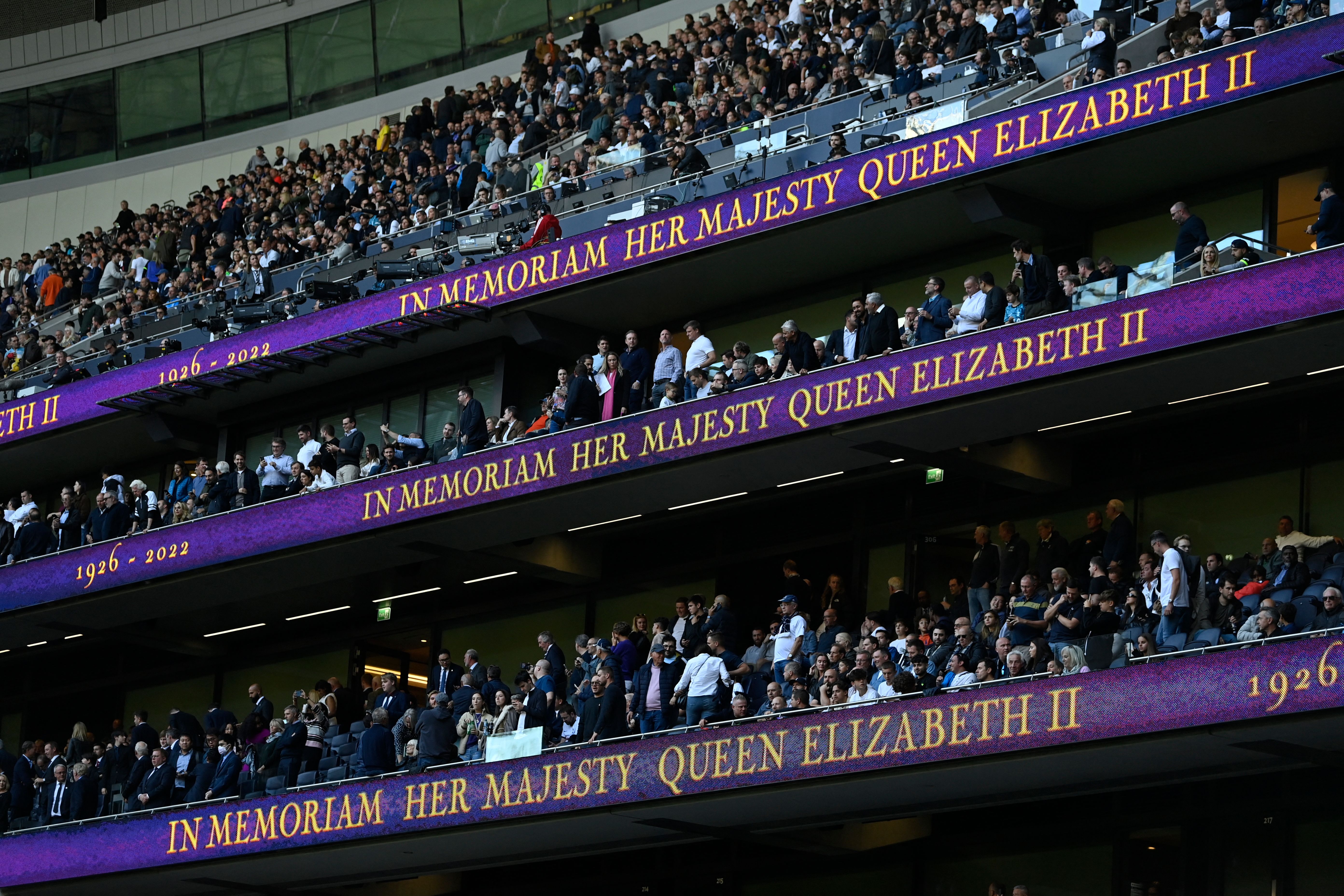 Soccer Football - Premier League - Tottenham Hotspur v Leicester City - Tottenham Hotspur Stadium, London, Britain - September 17, 2022 General view of the advertising boards before the match following the death of Britain's Queen Elizabeth REUTERS/Tony Obrien EDITORIAL USE ONLY. No use with unauthorized audio, video, data, fixture lists, club/league logos or 'live' services. Online in-match use limited to 75 images, no video emulation. No use in betting, games or single club /league/player publ