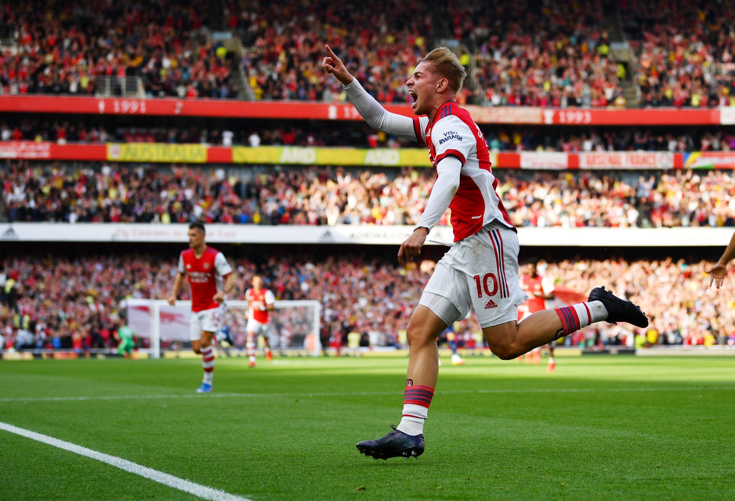 Arsenal's Emile Smith Rowe celebrates scoring their first goal vs Tottenham Hotspur at the Emirates Stadium