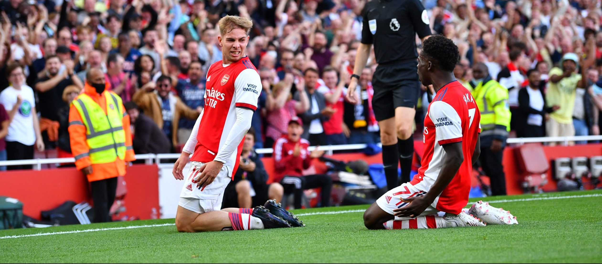 Arsenal's Emile Smith Rowe celebrates scoring their first goal with Bukayo Saka vs Tottenham Hotspur