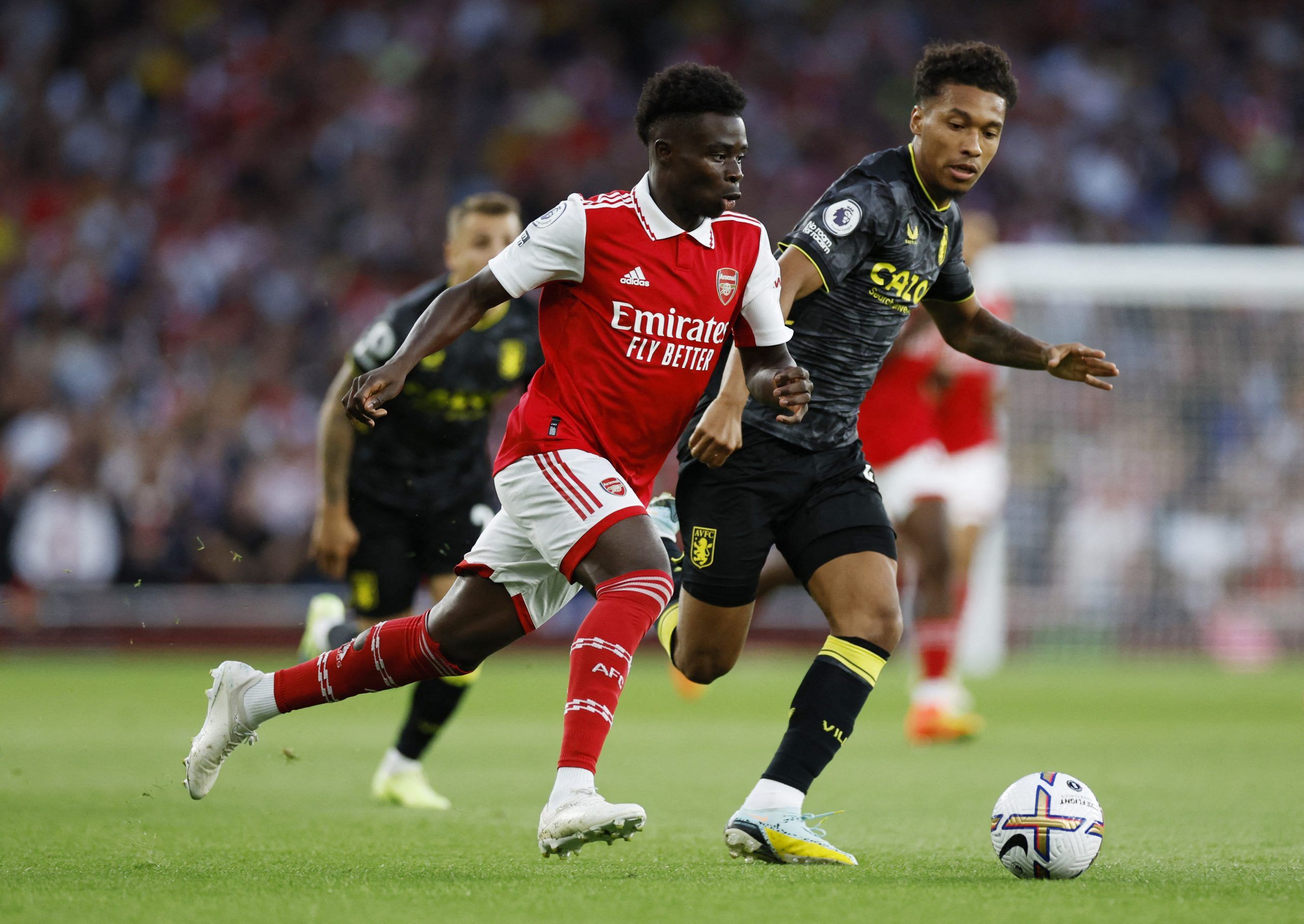 Arsenal&#39;s Bukayo Saka in Premier League action against Aston Villa.
