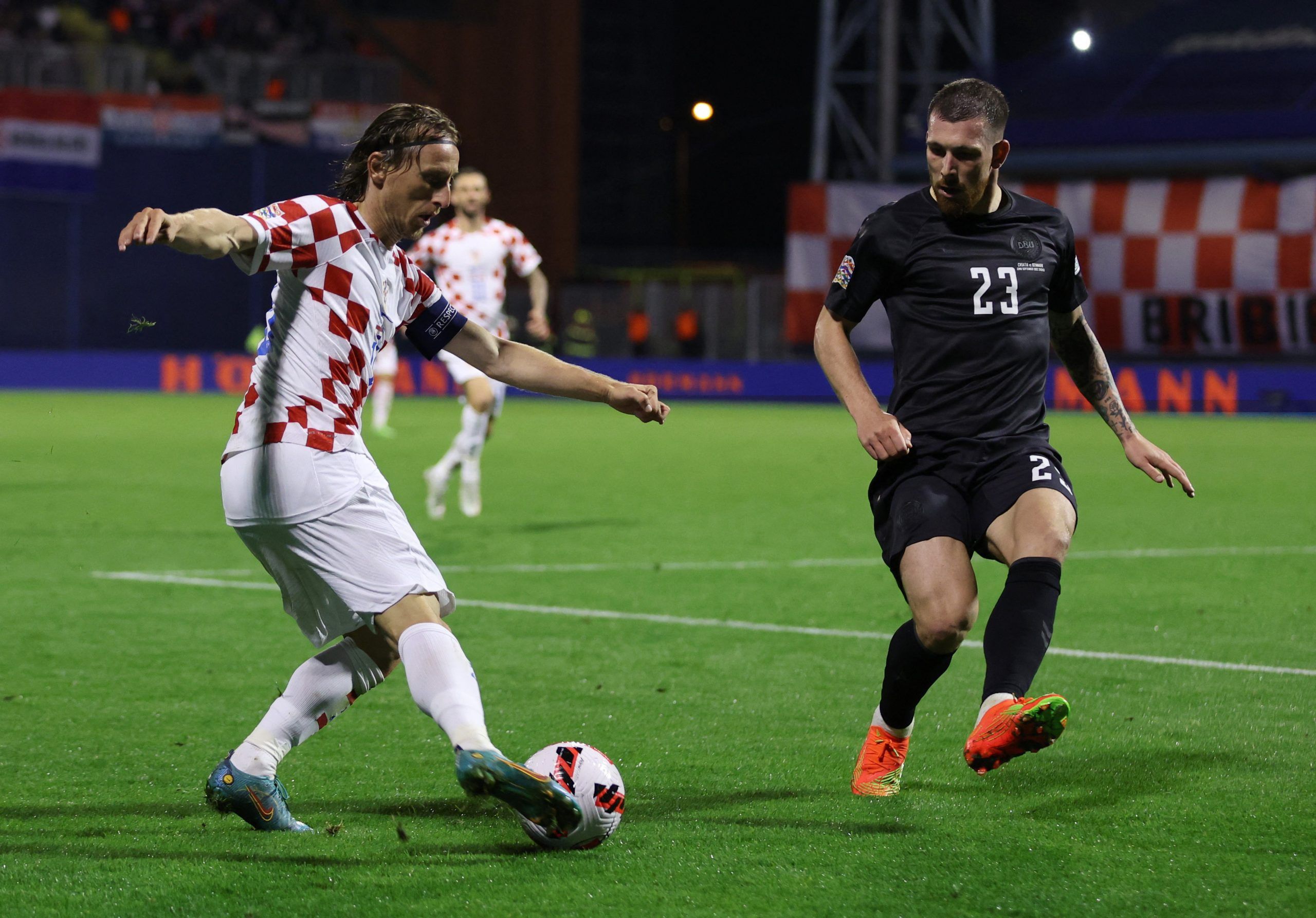 Croatia's Luka Modric in action with Denmark's Pierre-Emile Hojbjerg