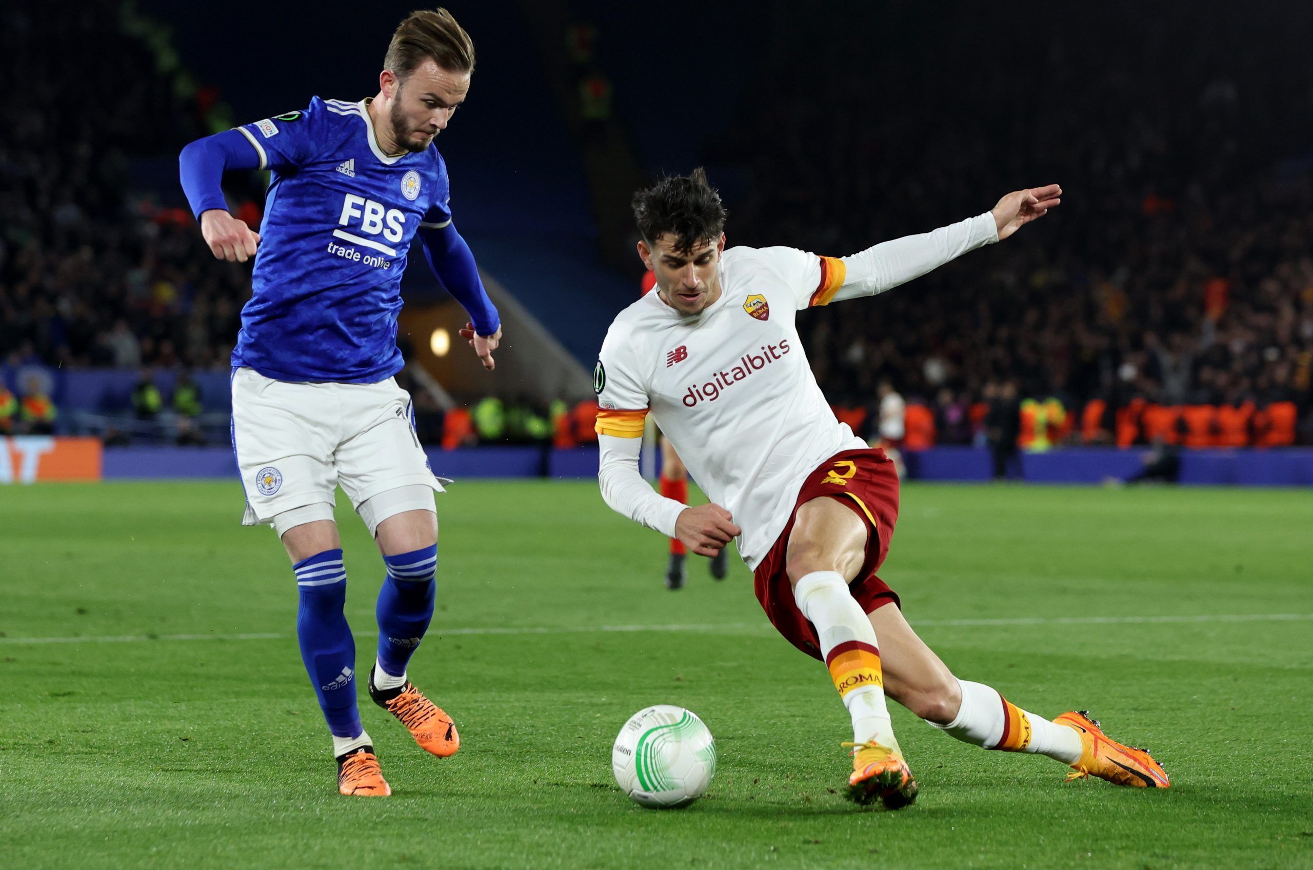 AS Roma's Roger Ibanez with Leicester City's James Maddison