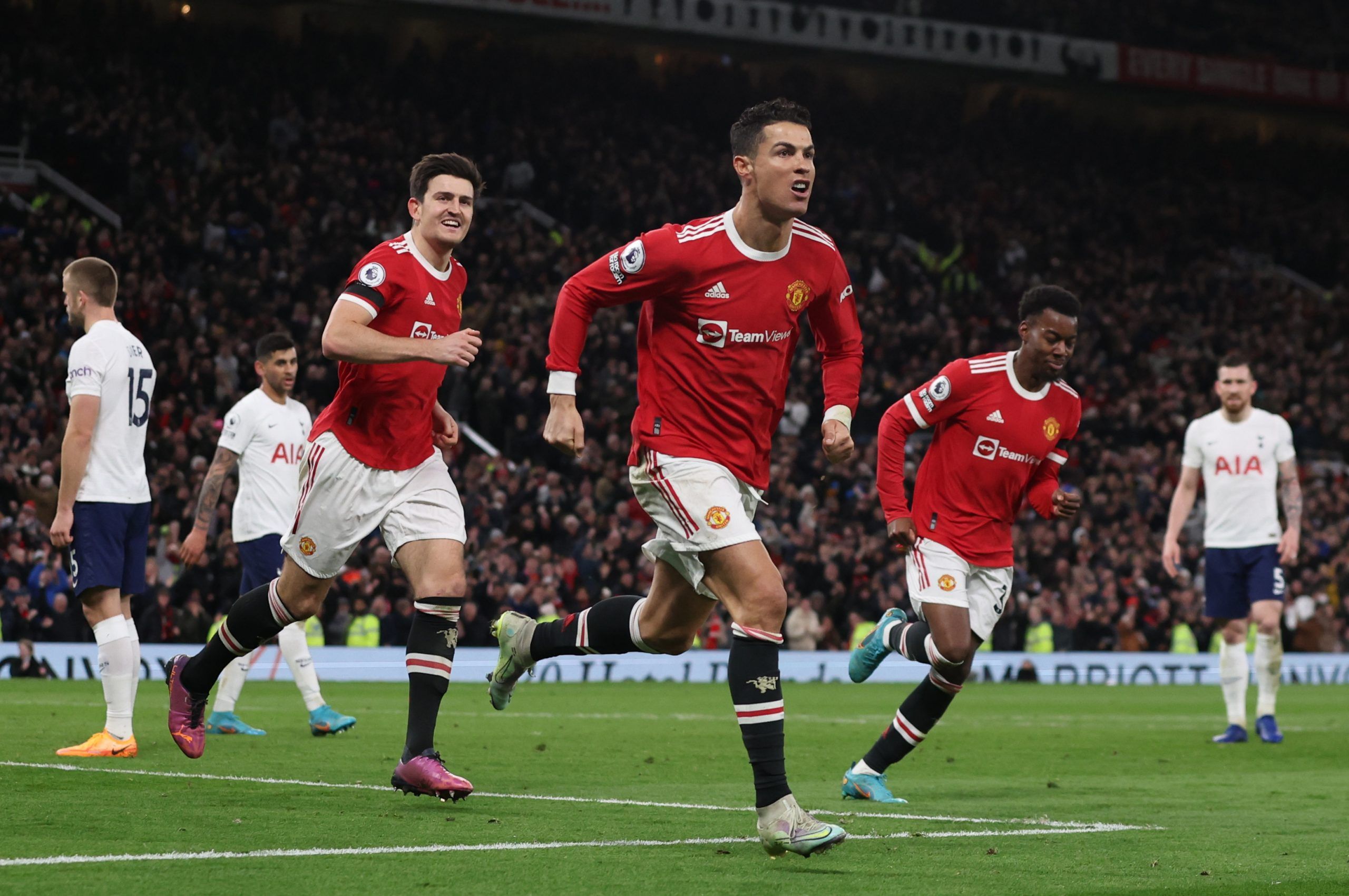 Manchester United's Cristiano Ronaldo celebrates scoring their third goal vs Tottenham Hotspur