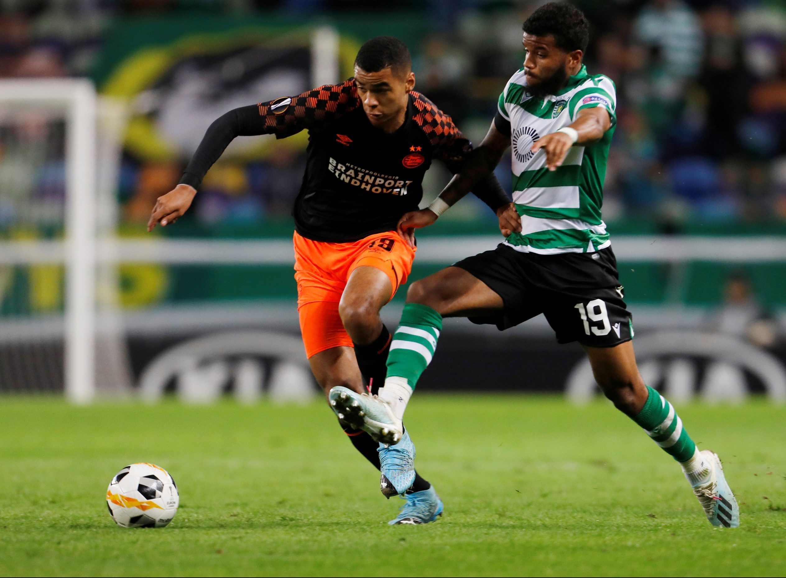 PSV Eindhoven's Cody Gakpo in action with Sporting's Valentin Rosier