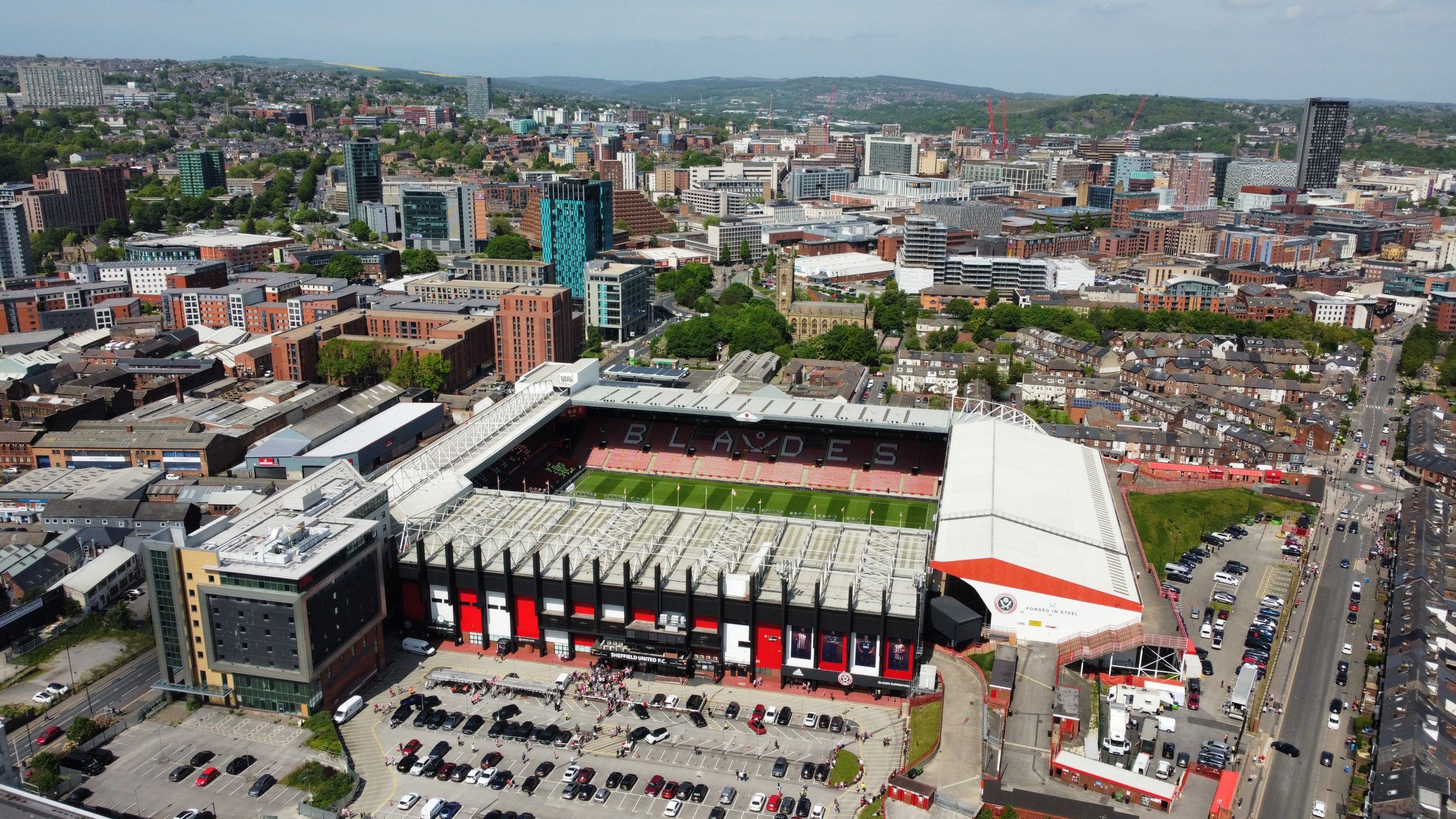 Soccer Football - Championship - Semi Final - First Leg - Sheffield United v Nottingham Forest - Bramall Lane, Sheffield, Britain - May 14, 2022 General view outside the stadium before the match. Picture taken with a drone. Action Images via Reuters/Carl Recine EDITORIAL USE ONLY. No use with unauthorized audio, video, data, fixture lists, club/league logos or 'live' services. Online in-match use limited to 75 images, no video emulation. No use in betting, games or single club /league/player pub