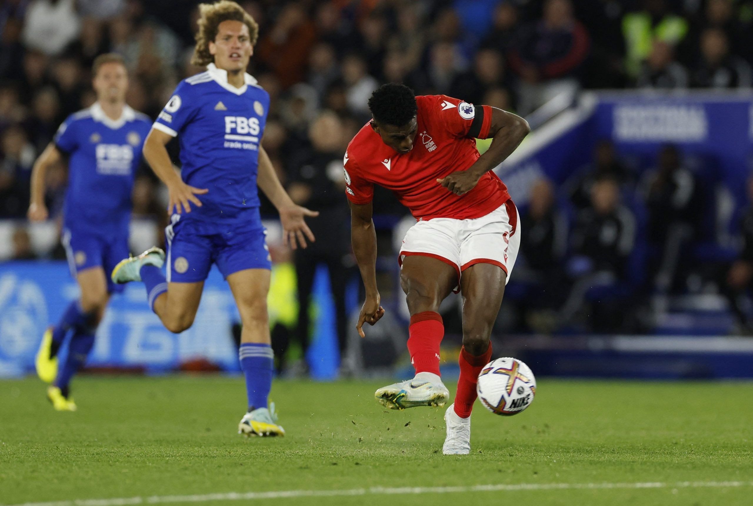 Soccer Football - Premier League - Leicester City v Nottingham Forest - King Power Stadium, Leicester, Britain - October 3, 2022 Nottingham Forest's Taiwo Awoniyi shoots at goal Action Images via Reuters/Jason Cairnduff EDITORIAL USE ONLY. No use with unauthorized audio, video, data, fixture lists, club/league logos or 'live' services. Online in-match use limited to 75 images, no video emulation. No use in betting, games or single club /league/player publications.  Please contact your account re