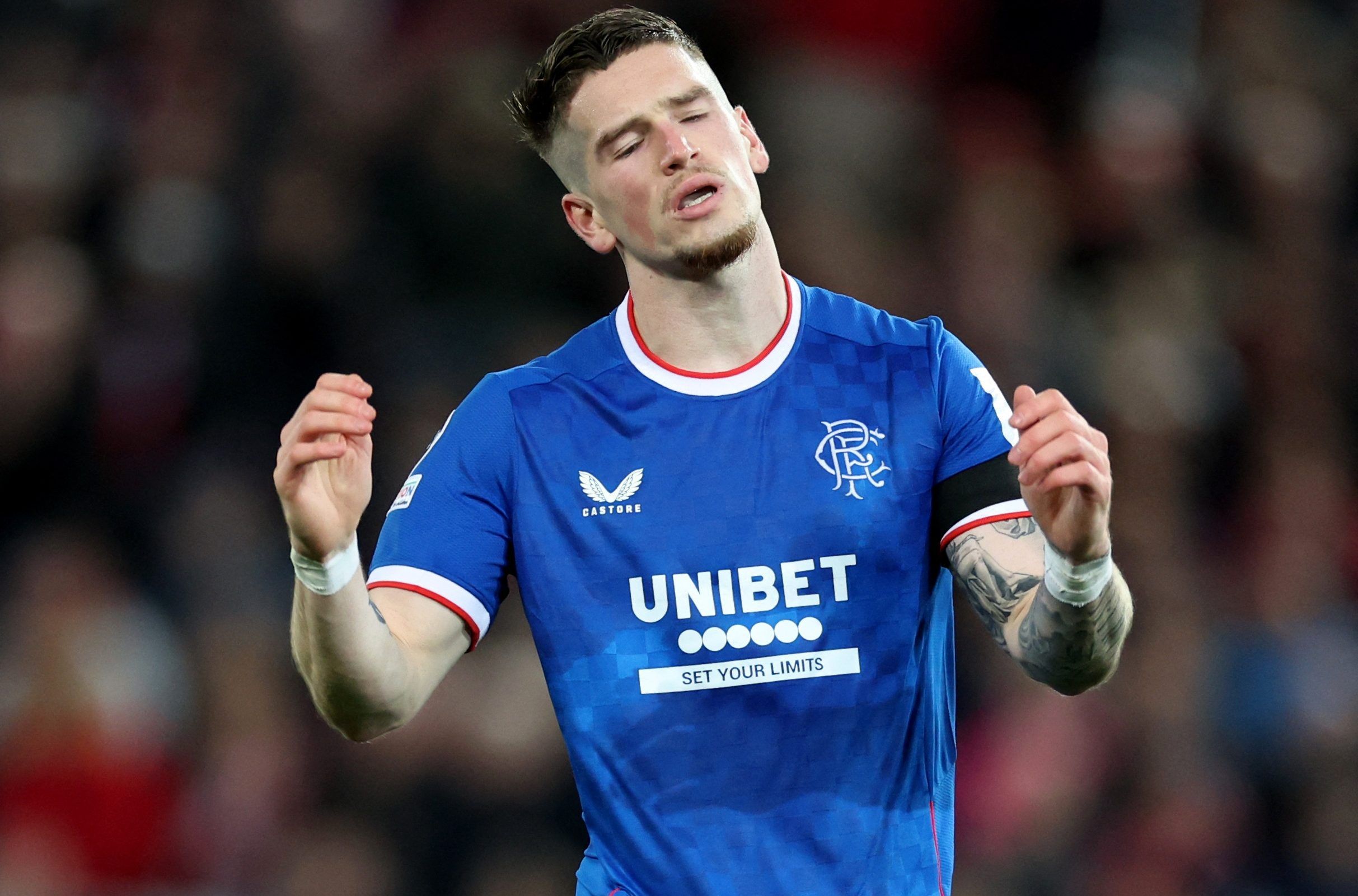 Soccer Football - Champions League - Group A - Liverpool v Rangers - Anfield, Liverpool, Britain - October 4, 2022   Rangers' Ryan Kent reacts Action Images via Reuters/Carl Recine