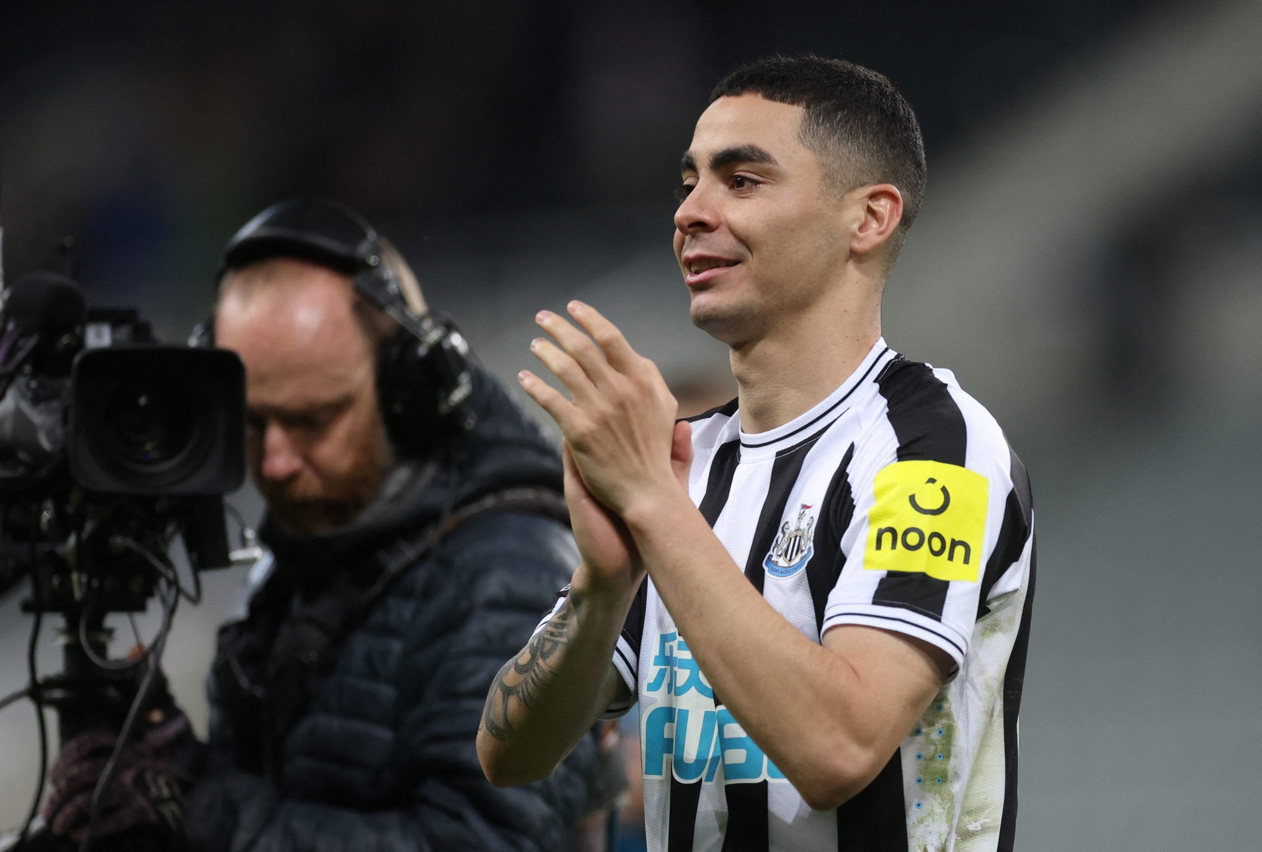 Soccer Football - Premier League - Newcastle United v Everton - St James' Park, Newcastle, Britain - October 19, 2022 Newcastle United's Miguel Almiron celebrates after the match Action Images via Reuters/Lee Smith EDITORIAL USE ONLY. No use with unauthorized audio, video, data, fixture lists, club/league logos or 'live' services. Online in-match use limited to 75 images, no video emulation. No use in betting, games or single club /league/player publications.  Please contact your account represe