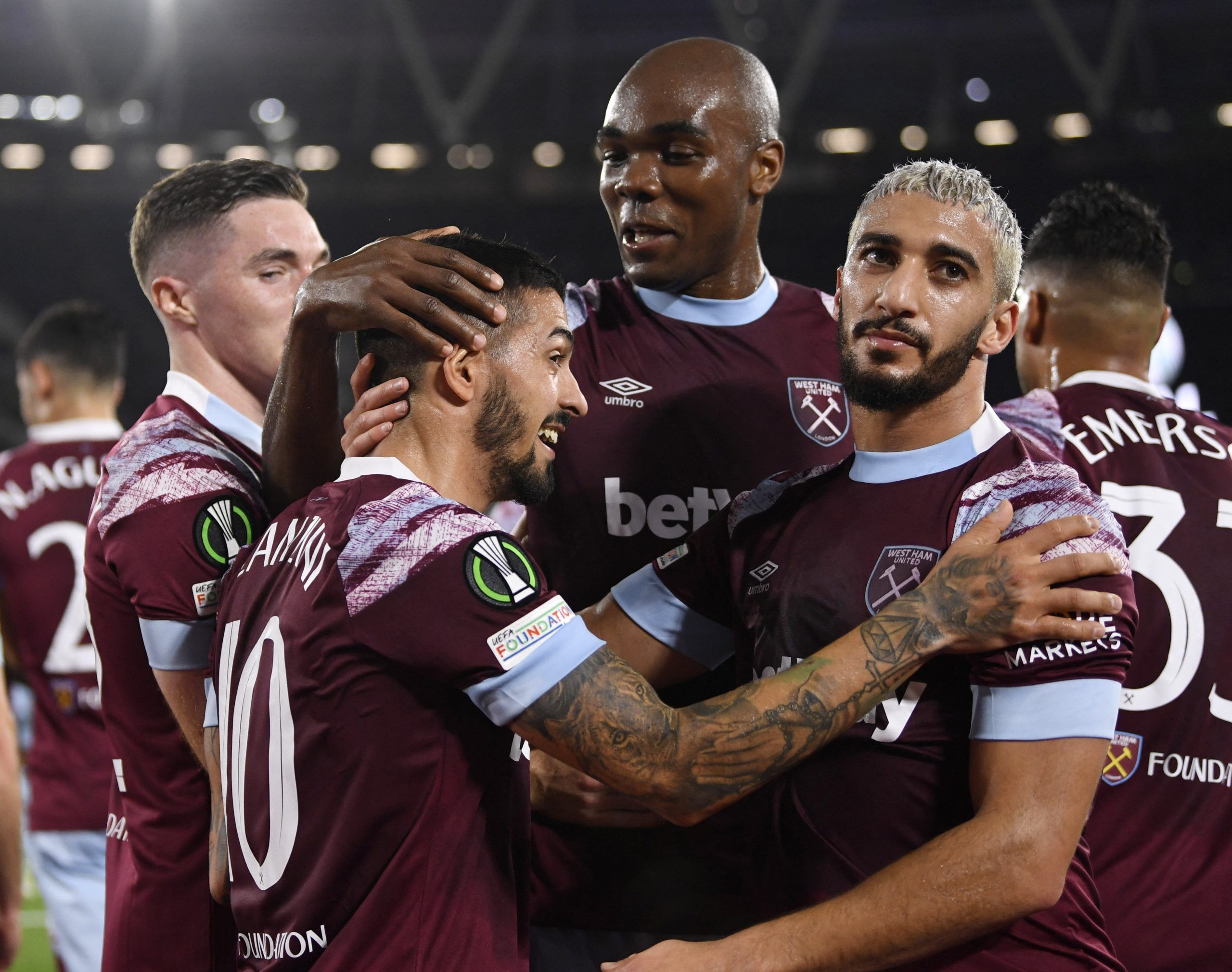 Soccer Football - Europa Conference League - Group B - West Ham United v Silkeborg - London Stadium, London, Britain - October 27, 2022 West Ham United's Manuel Lanzini celebrates scoring their first goal with Angelo Ogbonna and Said Benrahma REUTERS/Tony Obrien