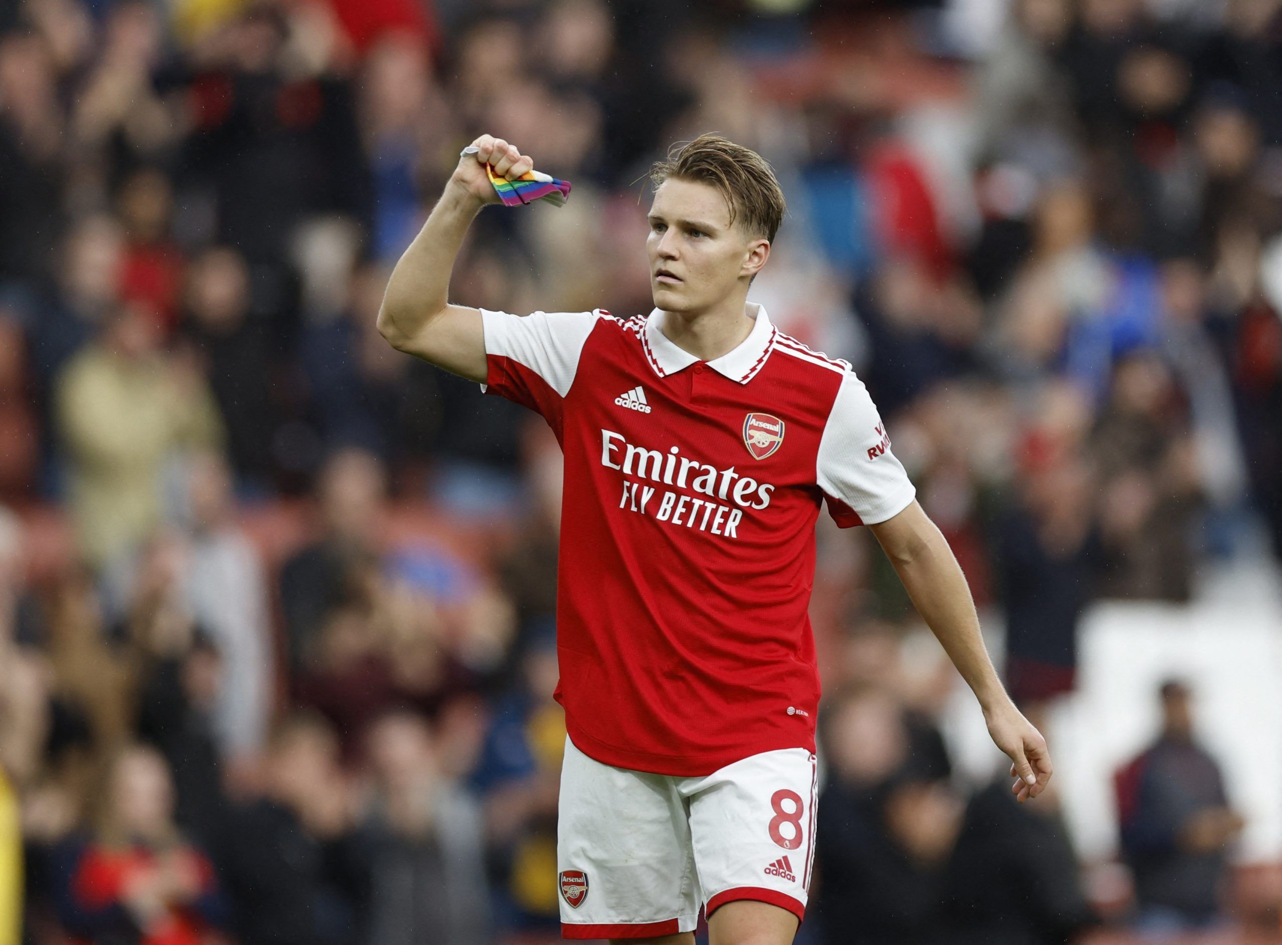 Soccer Football - Premier League - Arsenal v Nottingham Forest - Emirates Stadium, London, Britain - October 30, 2022 Arsenal's Martin Odegaard celebrates after the match Action Images via Reuters/Peter Cziborra EDITORIAL USE ONLY. No use with unauthorized audio, video, data, fixture lists, club/league logos or 'live' services. Online in-match use limited to 75 images, no video emulation. No use in betting, games or single club /league/player publications.  Please contact your account representa