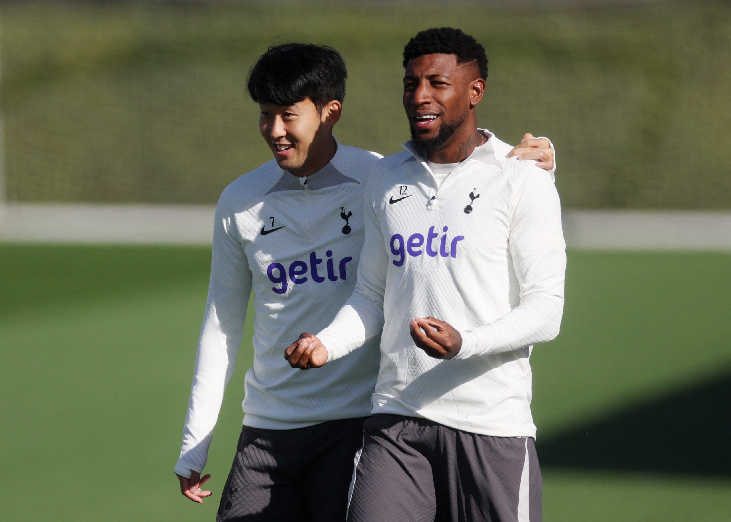 Soccer Football - Champions League - Tottenham Hotspur Training - Tottenham Hotspur Training Centre, London, Britain - October 11, 2022 Tottenham Hotspur's Son Heung-min and Emerson Royal during training Action Images via Reuters/Paul Childs