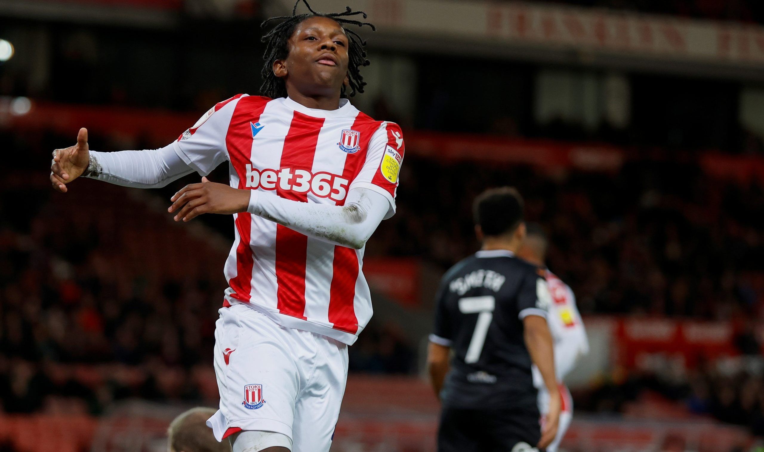Soccer Football - Championship - Stoke City v Swansea City - bet365 Stadium, Stoke-on-Trent, Britain - February 8, 2022  Stoke City's Jaden Philogene-Bidace reacts  Action Images/Jason Cairnduff  EDITORIAL USE ONLY. No use with unauthorized audio, video, data, fixture lists, club/league logos or 