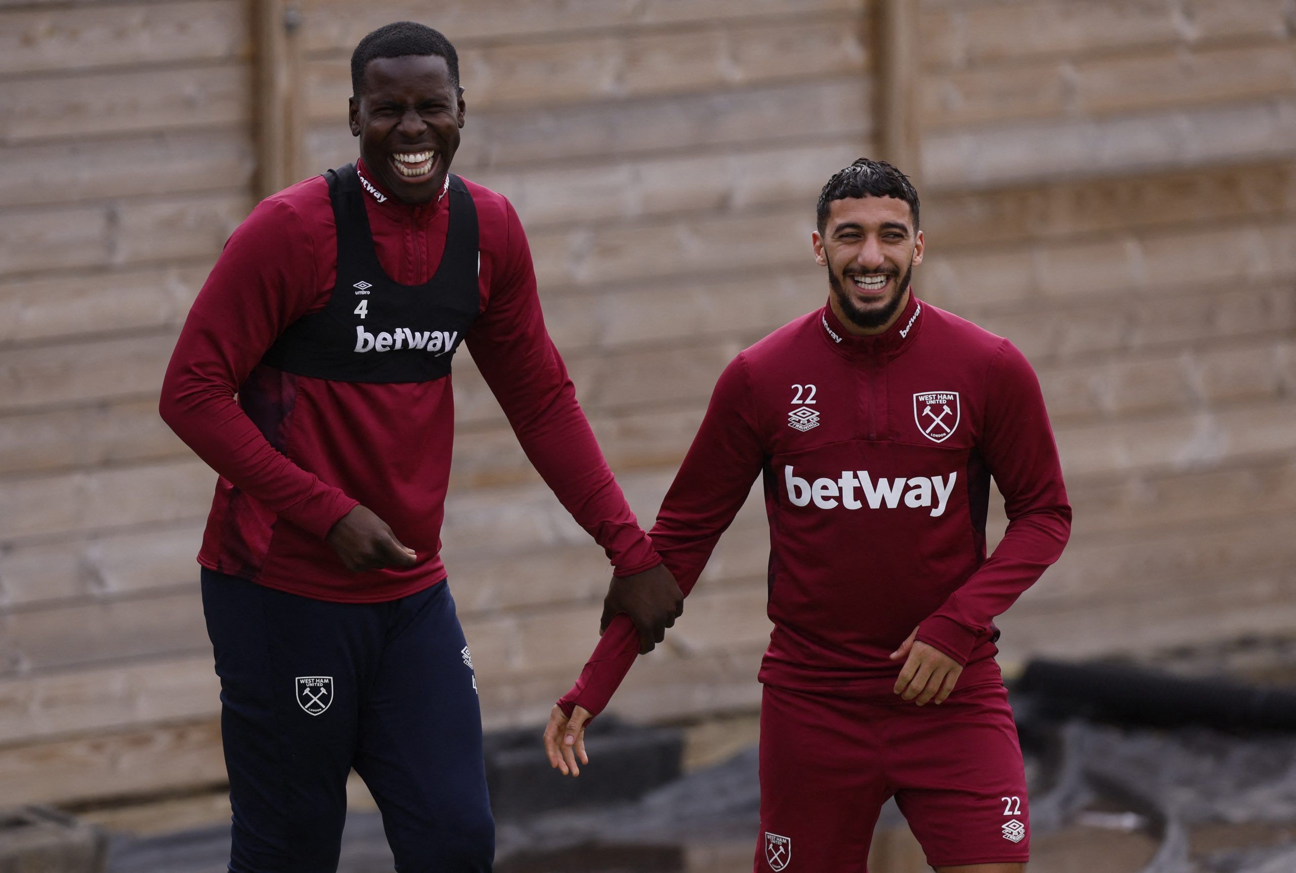 Soccer Football - Europa Conference League - West Ham United Training - Rush Green, London, Britain - October 12, 2022 West Ham United's Kurt Zouma and Said Benrahma during training Action Images via Reuters/Andrew Couldridge