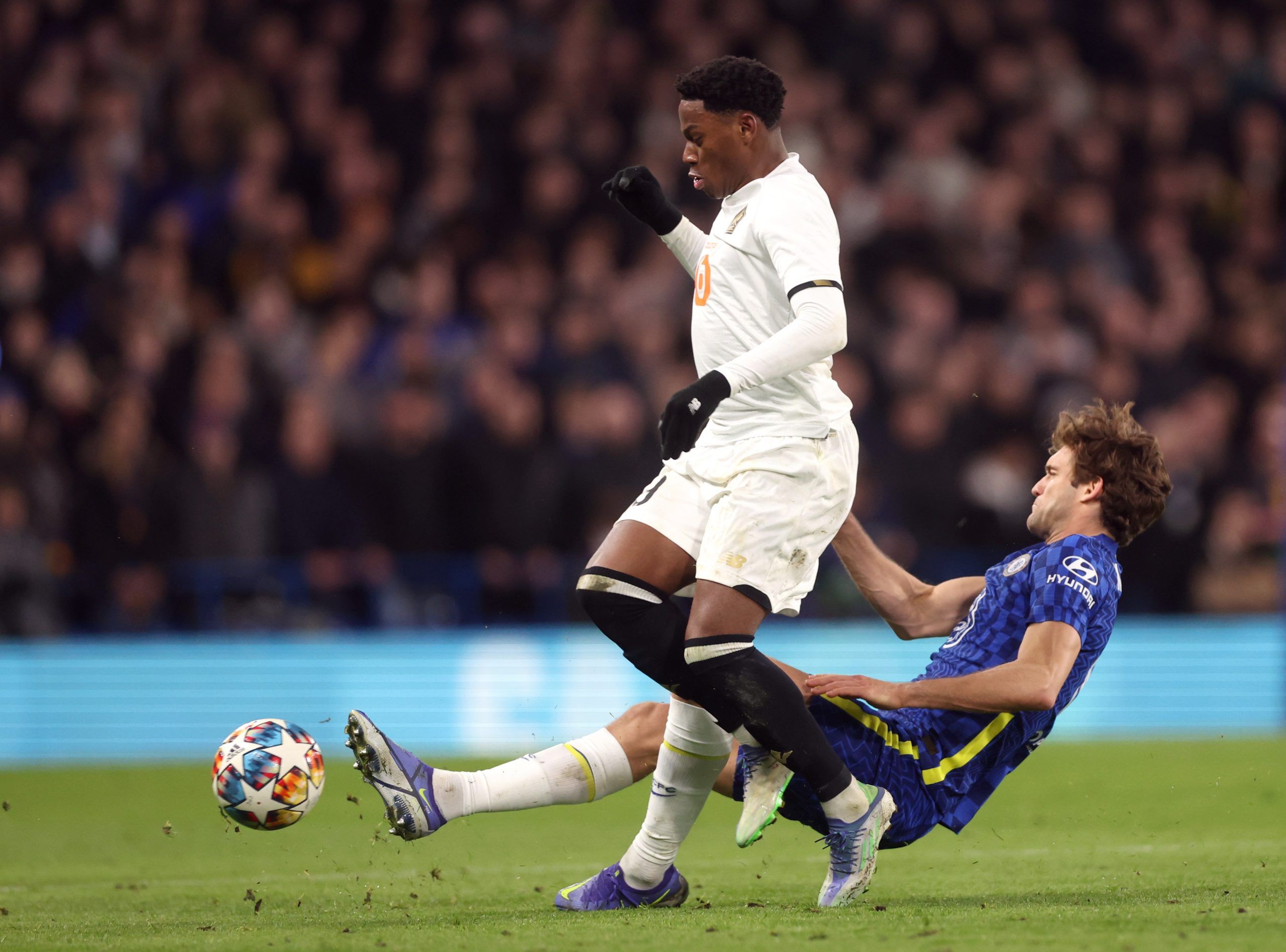 Soccer Football - Champions League - Round of 16 First Leg - Chelsea v Lille - Stamford Bridge, London, Britain - February 22, 2022 Lille's Jonathan David in action with Chelsea's Marcos Alonso Action Images via Reuters/Matthew Childs