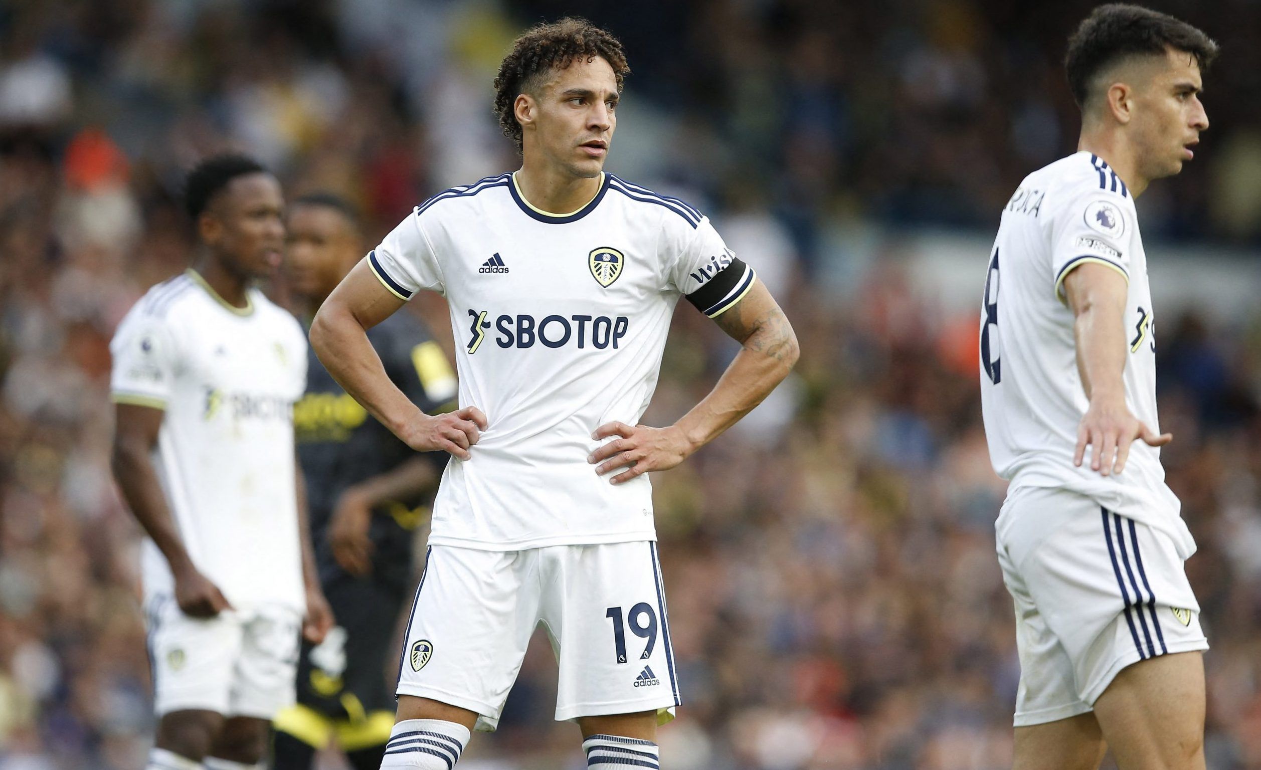 Leeds United forward Rodrigo looks on vs Aston Villa