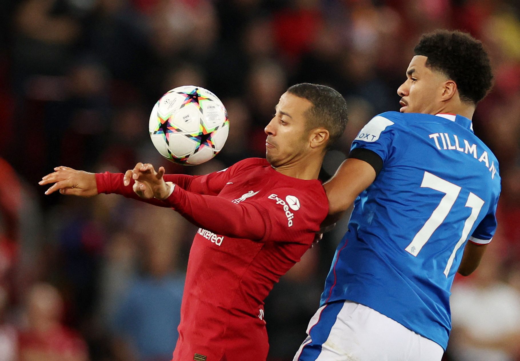 Soccer Football - Champions League - Group A - Liverpool v Rangers - Anfield, Liverpool, Britain - October 4, 2022  Liverpool's Thiago Alcantara in action with Rangers' Malik Tillman REUTERS/Phil Noble