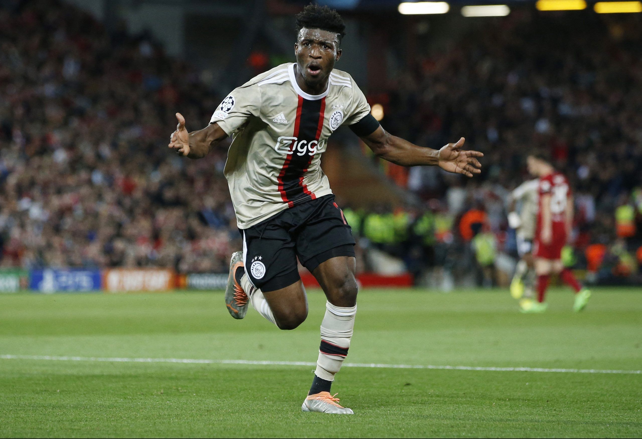 Soccer Football - Champions League - Group A - Liverpool v Ajax Amsterdam - Anfield, Liverpool, Britain - September 13, 2022  Ajax Amsterdam's Mohammed Kudus celebrates scoring their first goal Action Images via Reuters/Ed Sykes