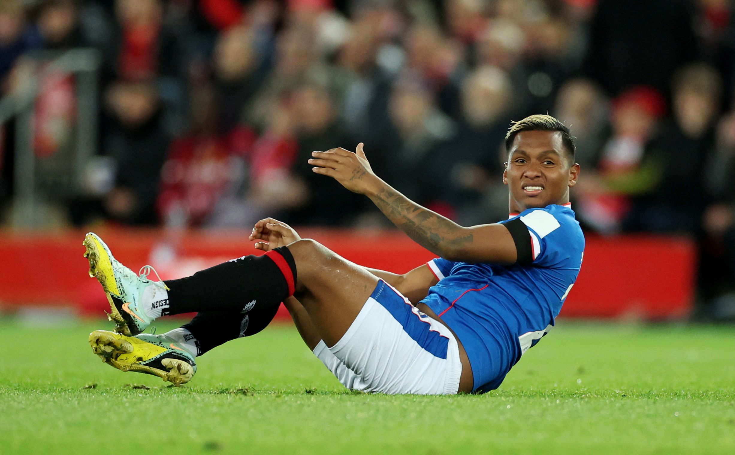 Soccer Football - Champions League - Group A - Liverpool v Rangers - Anfield, Liverpool, Britain - October 4, 2022   Rangers' Alfredo Morelos reacts Action Images via Reuters/Carl Recine