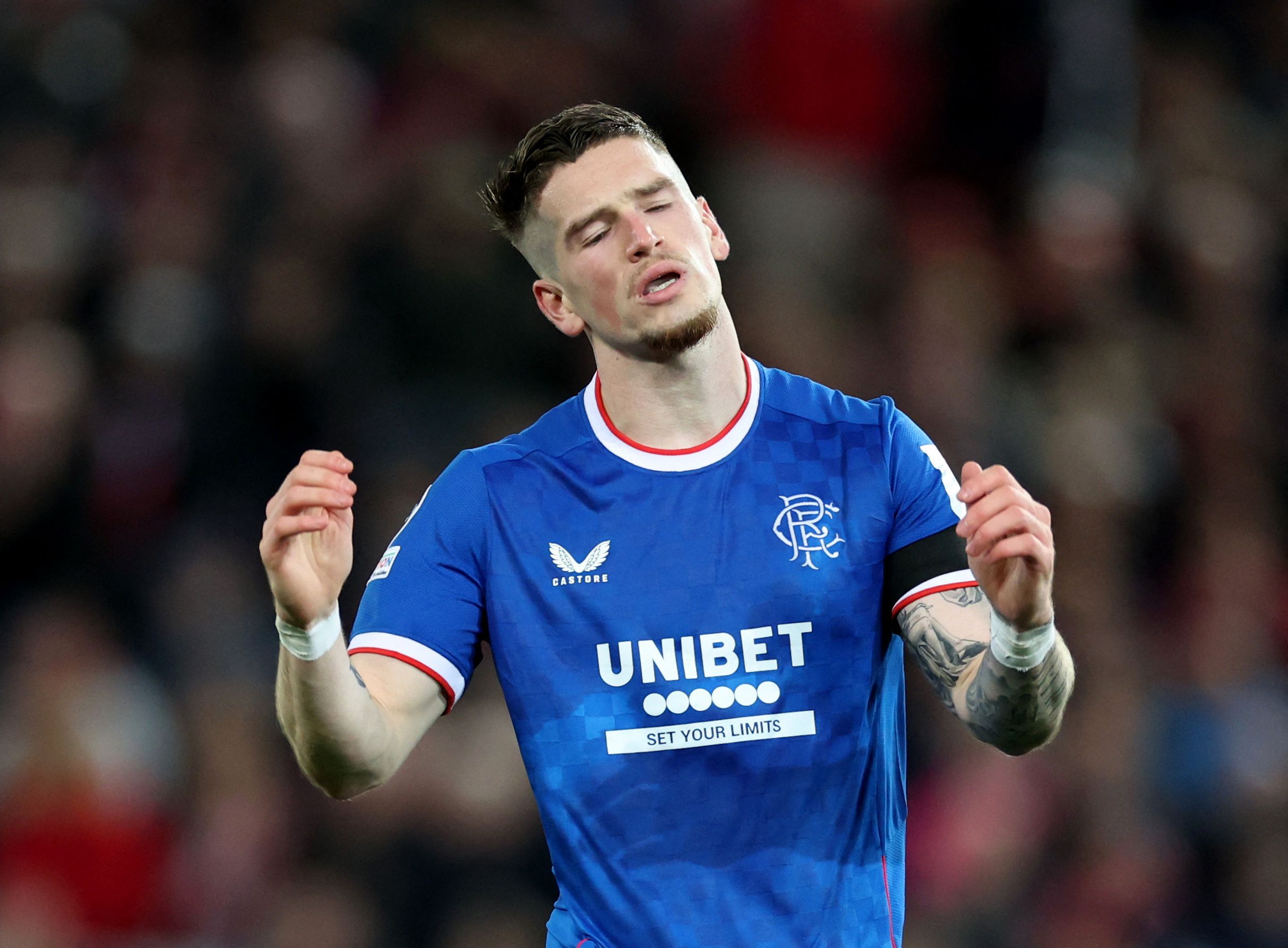 Soccer Football - Champions League - Group A - Liverpool v Rangers - Anfield, Liverpool, Britain - October 4, 2022   Rangers' Ryan Kent reacts Action Images via Reuters/Carl Recine