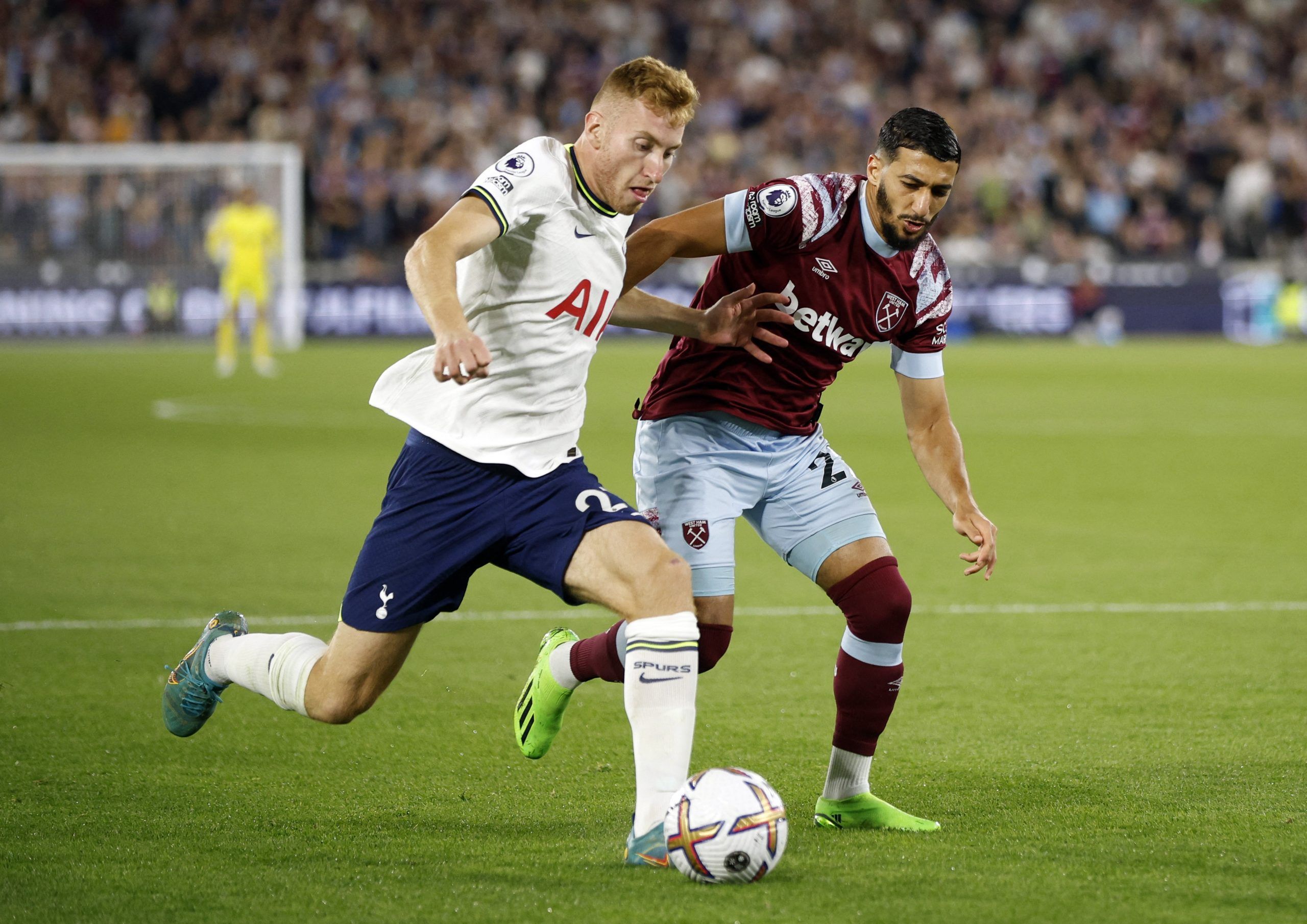 Tottenham Hotspur's Dejan Kulusevski in action with West Ham United's Said Benrahma