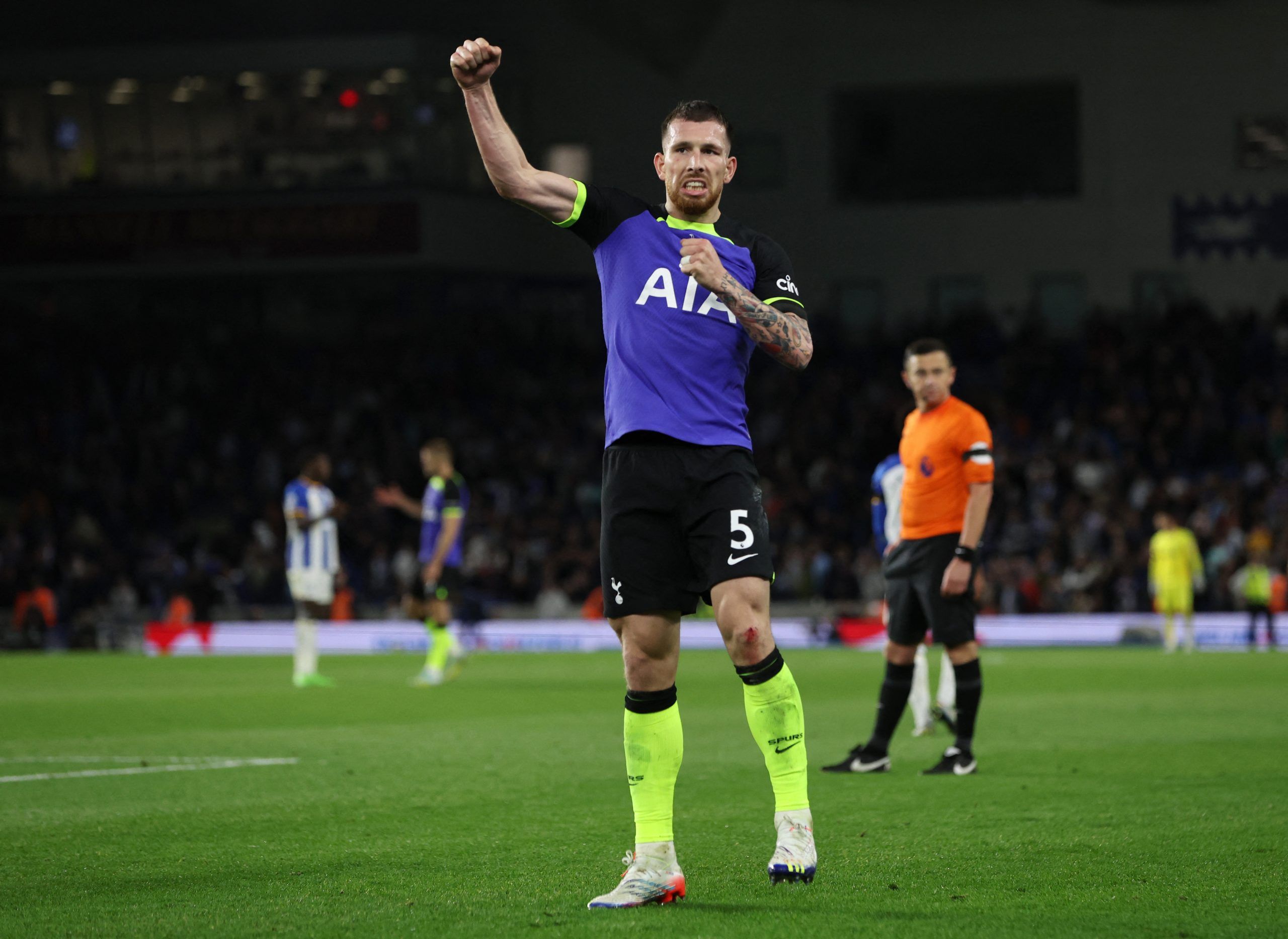 Tottenham Hotspur's Pierre-Emile Hojbjerg celebrates after the win over Brighton and Hove Albion
