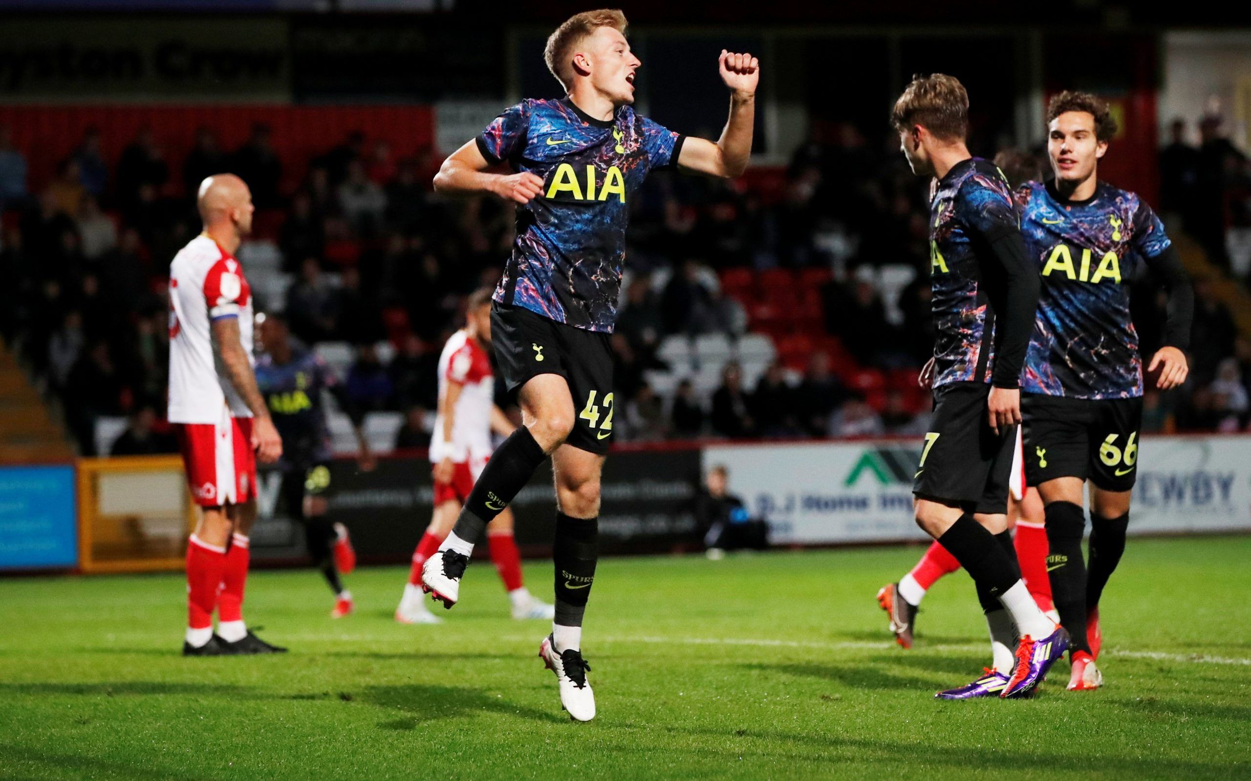Soccer Football - EFL Trophy - Group Stage - Southern Group H - Stevenage v Tottenham Hotspur U21 - The Lamex Stadium, Stevenage, Britain - August 31, 2021  Tottenham Hotspur's Harvey White celebrates scoring their third goal   Action Images/Paul Childs  EDITORIAL USE ONLY. No use with unauthorized audio, video, data, fixture lists, club/league logos or 