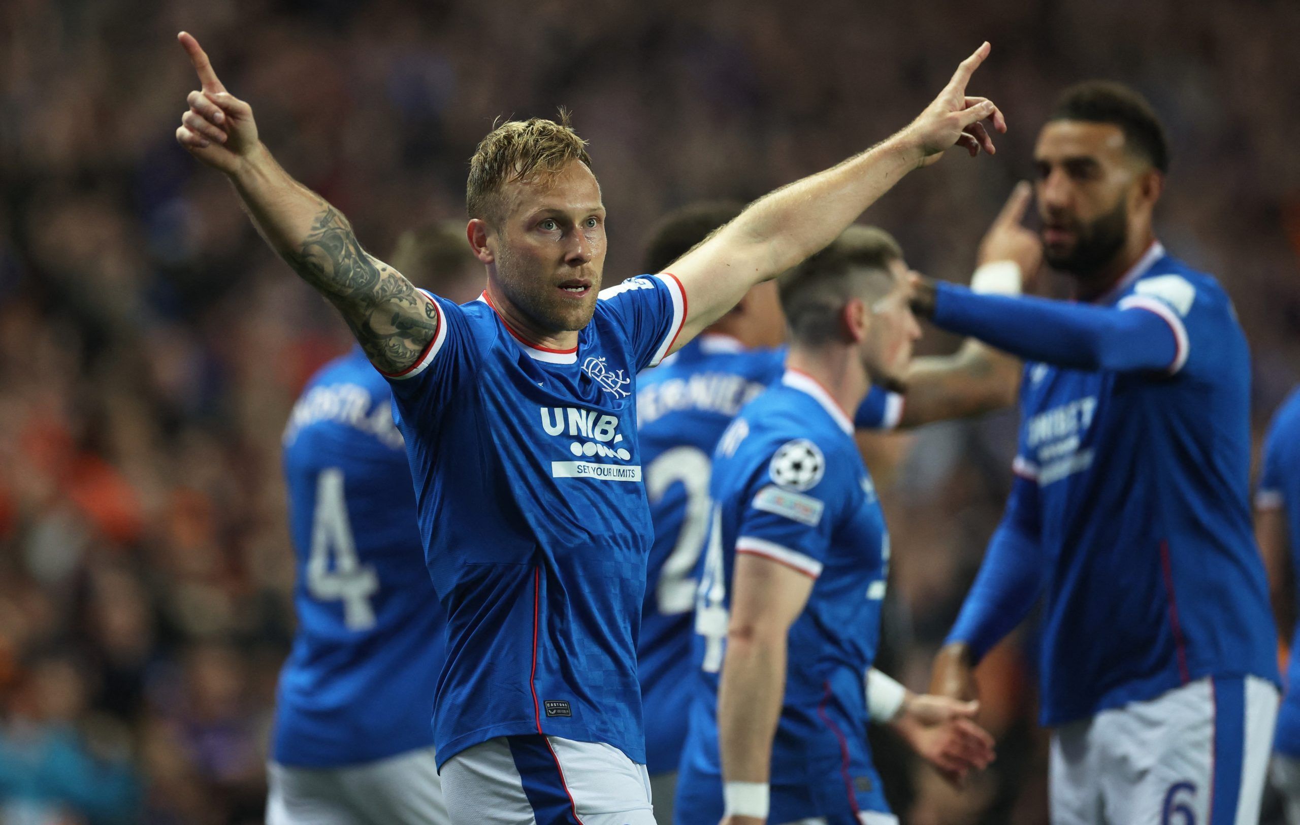 Soccer Football - Champions League - Group A - Rangers v Liverpool - Ibrox Stadium, Glasgow, Scotland, Britain - October 12, 2022  Rangers' Scott Arfield celebrates scoring their first goal Action Images via Reuters/Lee Smith