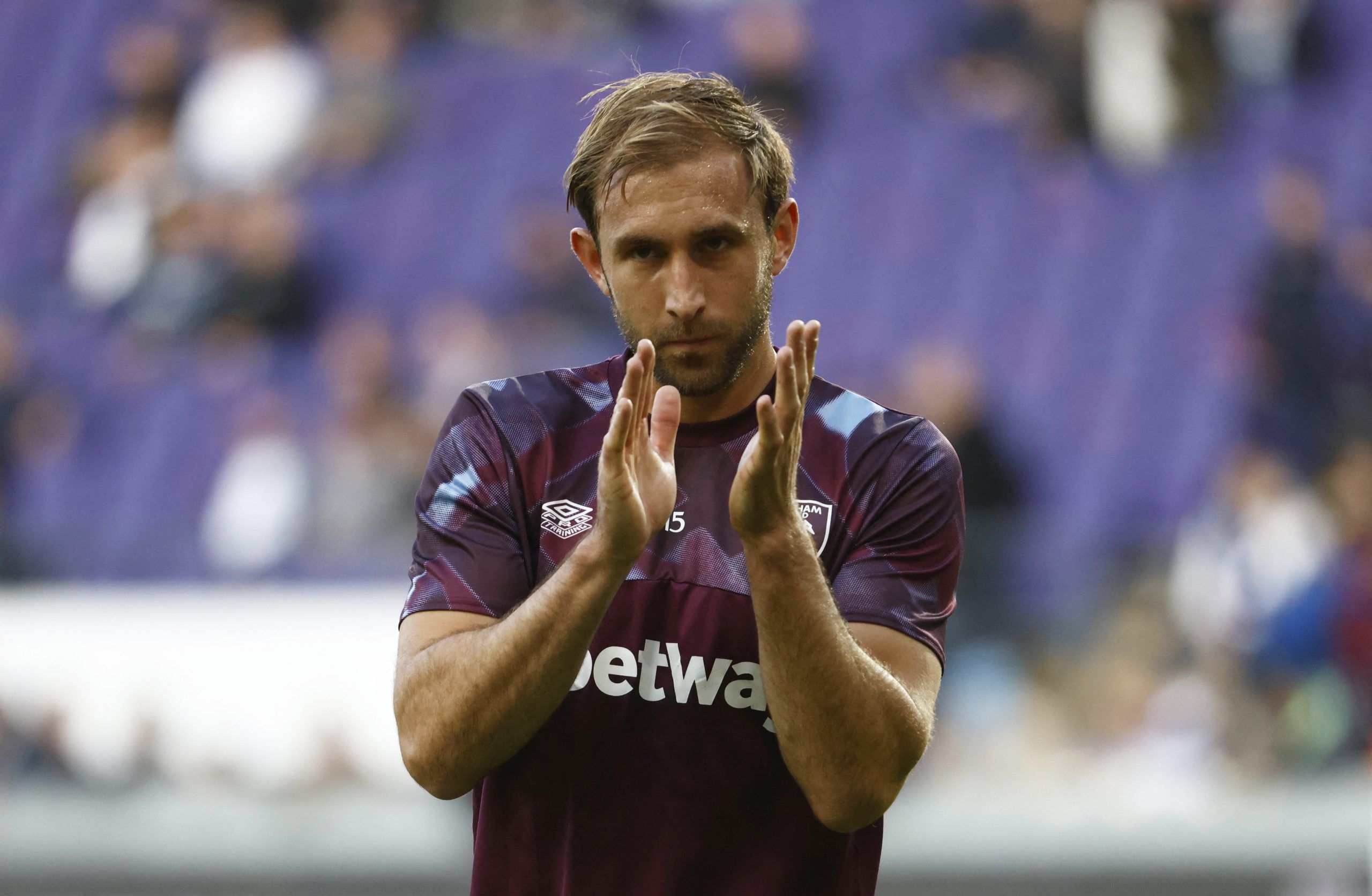 Soccer Football - Europa Conference League - Group B - Anderlecht v West Ham United - Lotto Park, Anderlecht, Belgium - October 6, 2022  West Ham United's Craig Dawson during the warm up before the match REUTERS/Yves Herman