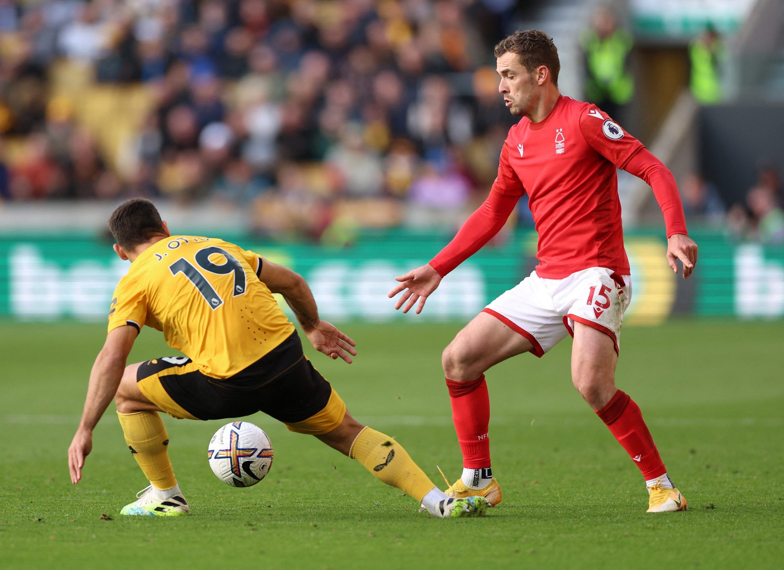Soccer Football - Premier League - Wolverhampton Wanderers v Nottingham Forest - Molineux Stadium, Wolverhampton, Britain - October 15, 2022  Wolverhampton Wanderers' Jonny in action with Nottingham Forest's Harry Toffolo Action Images via Reuters/Andrew Boyers EDITORIAL USE ONLY. No use with unauthorized audio, video, data, fixture lists, club/league logos or 'live' services. Online in-match use limited to 75 images, no video emulation. No use in betting, games or single club /league/player pub