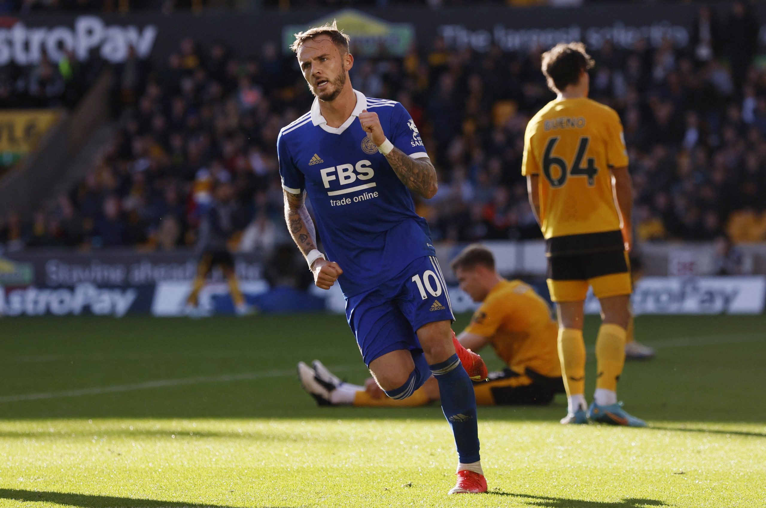 Soccer Football - Premier League - Wolverhampton Wanderers v Leicester City - Molineux Stadium, Wolverhampton, Britain - October 23, 2022 Leicester City's James Maddison celebrates scoring their third goal Action Images via Reuters/Andrew Couldridge EDITORIAL USE ONLY. No use with unauthorized audio, video, data, fixture lists, club/league logos or 'live' services. Online in-match use limited to 75 images, no video emulation. No use in betting, games or single club /league/player publications.  