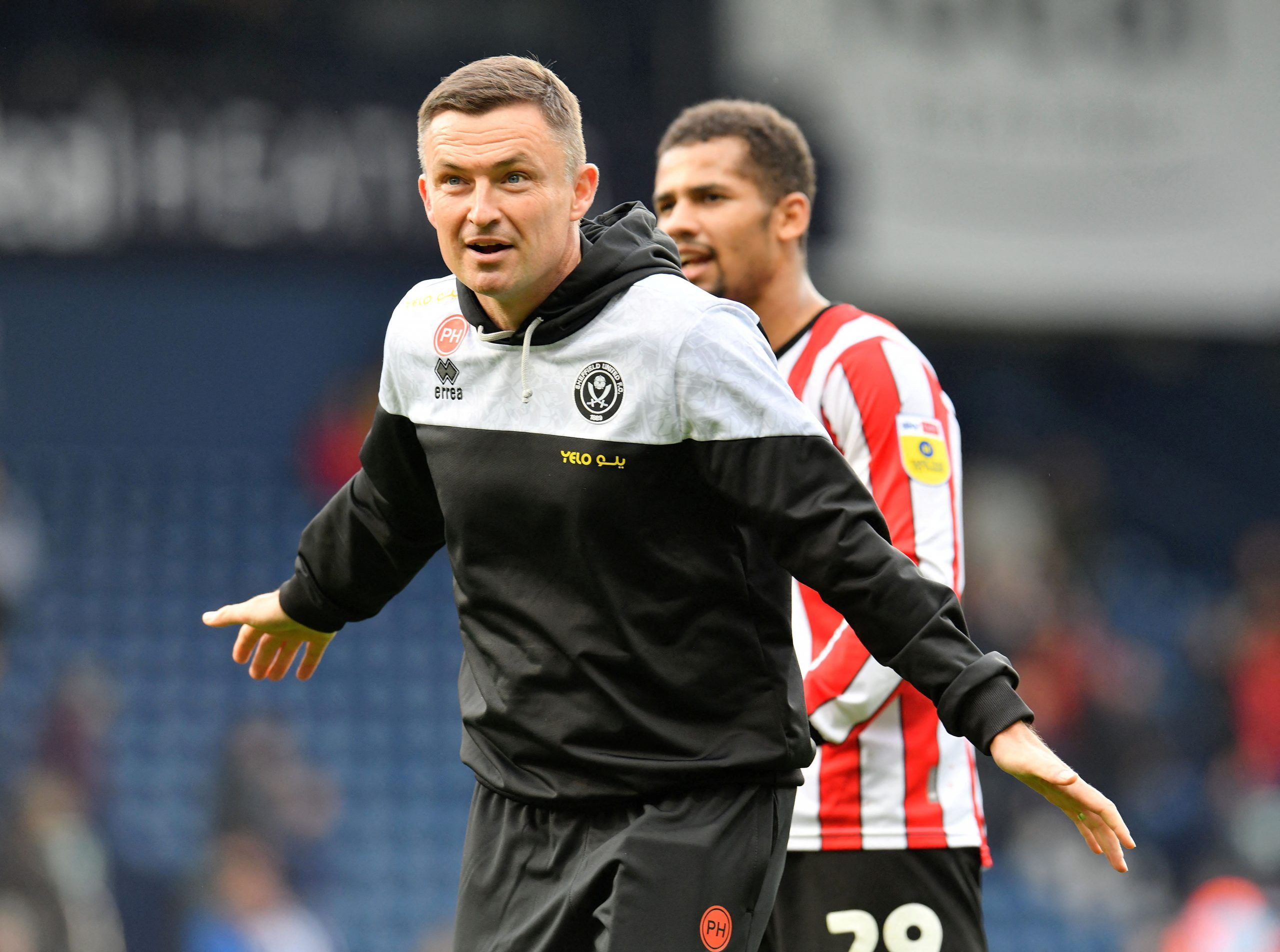 Soccer Football - Championship - West Bromwich Albion v Sheffield United - The Hawthorns, West Bromwich, Britain - October 29, 2022 Sheffield United manager Paul Heckingbottom celebrates at full time Action Images/Paul Burrows   EDITORIAL USE ONLY. No use with unauthorized audio, video, data, fixture lists, club/league logos or 
