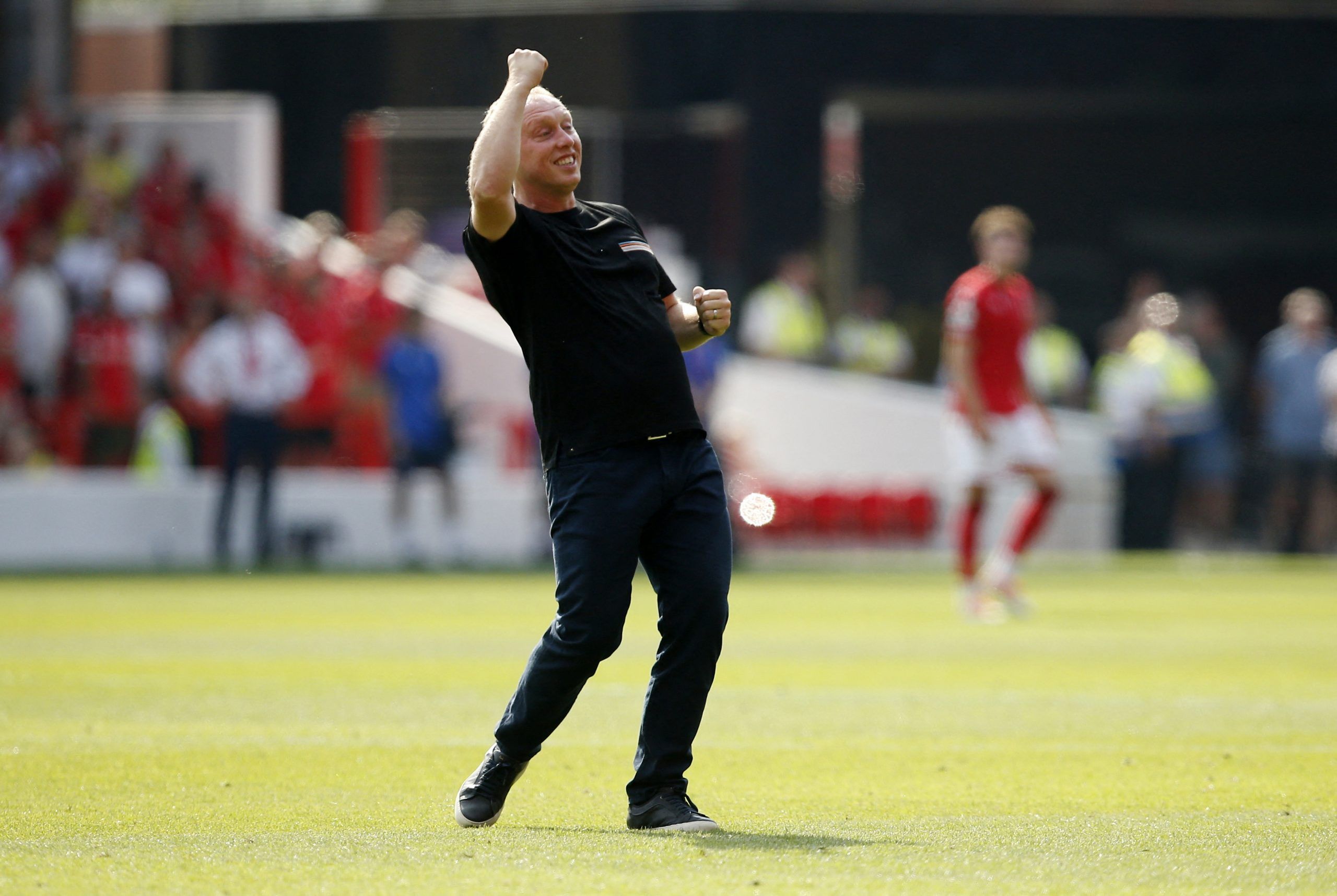 Soccer Football - Premier League - Nottingham Forest v West Ham United - The City Ground, Nottingham, Britain - August 14, 2022 Nottingham Forest manager Steve Cooper celebrates after the match REUTERS/Craig Brough EDITORIAL USE ONLY. No use with unauthorized audio, video, data, fixture lists, club/league logos or 'live' services. Online in-match use limited to 75 images, no video emulation. No use in betting, games or single club /league/player publications.  Please contact your account represe