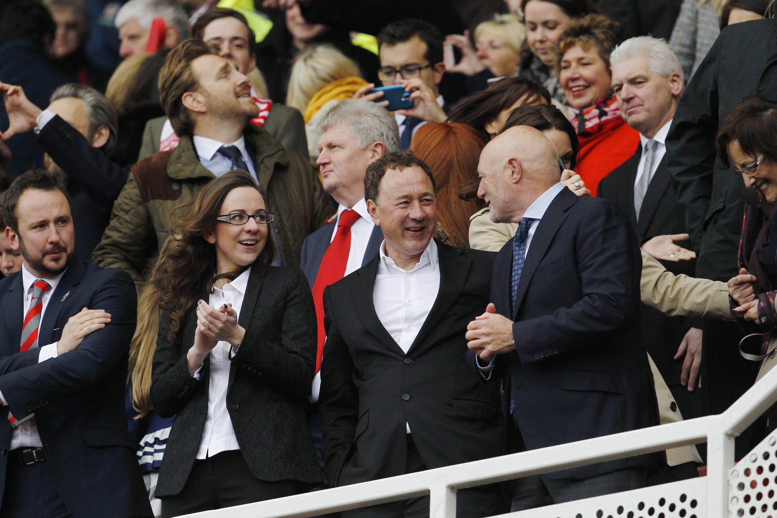 Britain Soccer Football - Middlesbrough v Brighton &amp; Hove Albion - Sky Bet Football League Championship - The Riverside Stadium - 7/5/16 
Middlesbrough Chairman Steve Gibson (C) celebrates with Peter Kenyon after being promoted to the Barclays Premier League 
Action Images via Reuters / Craig Brough 
Livepic 
EDITORIAL USE ONLY. No use with unauthorized audio, video, data, fixture lists, club/league logos or 