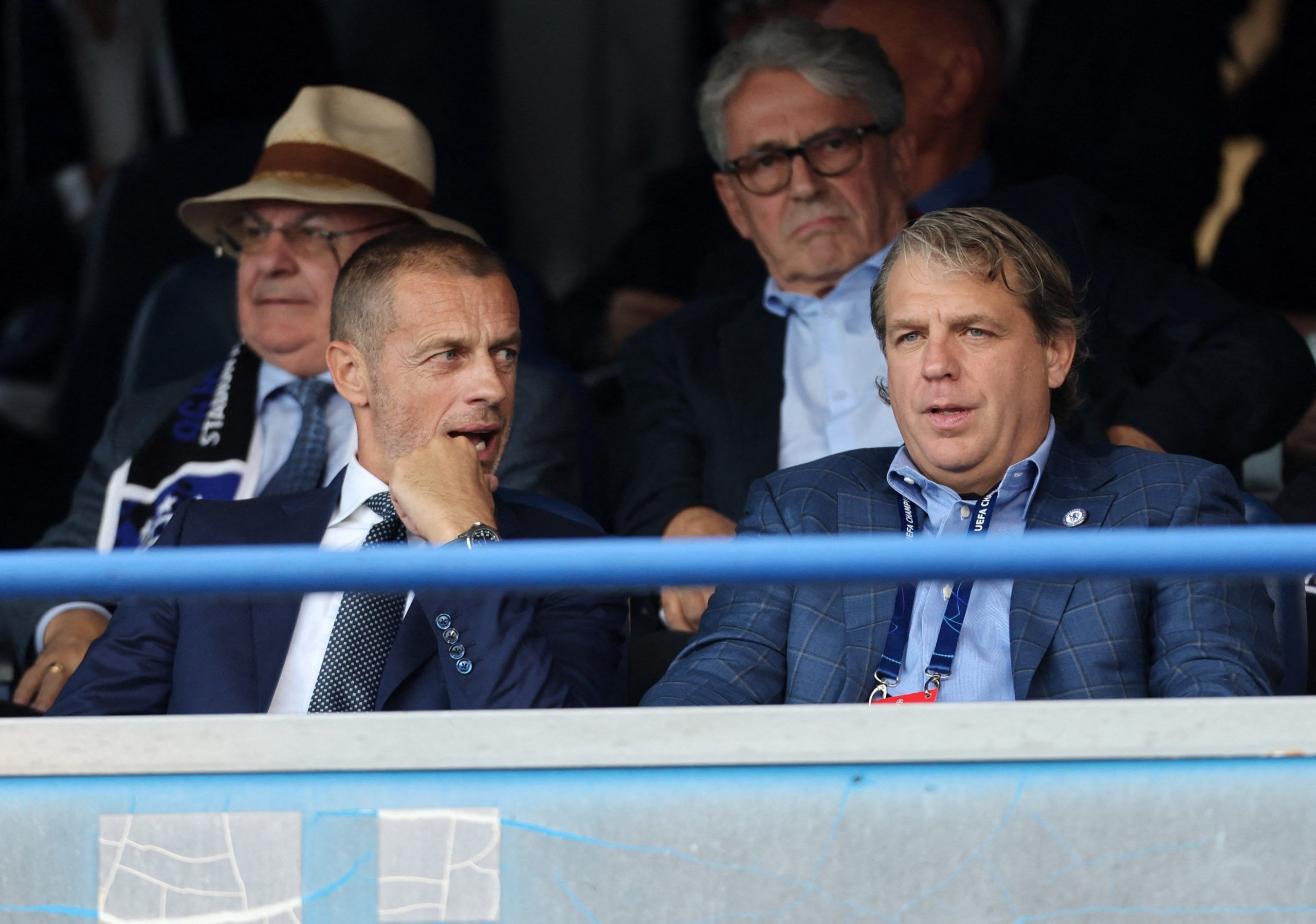 Soccer Football - Champions League - Group E - Dinamo Zagreb v Chelsea - Stadion Maksimir, Zagreb, Croatia - September 6, 2022  UEFA president Aleksander Ceferin with Chelsea owner Todd Boehly in the stands before the match REUTERS/Antonio Bronic