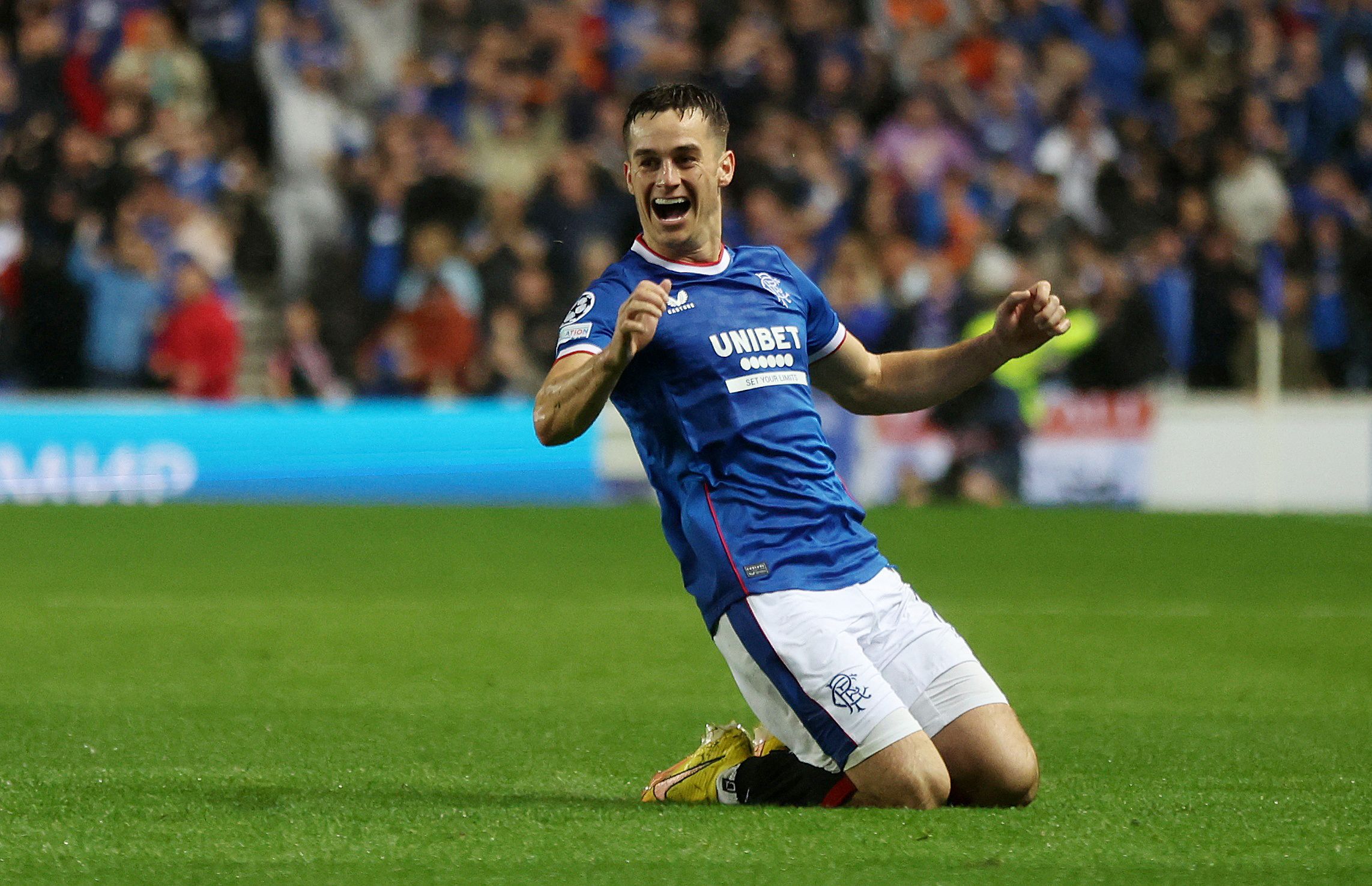 Soccer Football - Champions League Qualifying - Play-off First Leg - Rangers v PSV Eindhoven - Ibrox Stadium, Glasgow, Scotland, Britain - August 16, 2022 Rangers' Tom Lawrence celebrates scoring their second goal Action Images via Reuters/Lee Smith