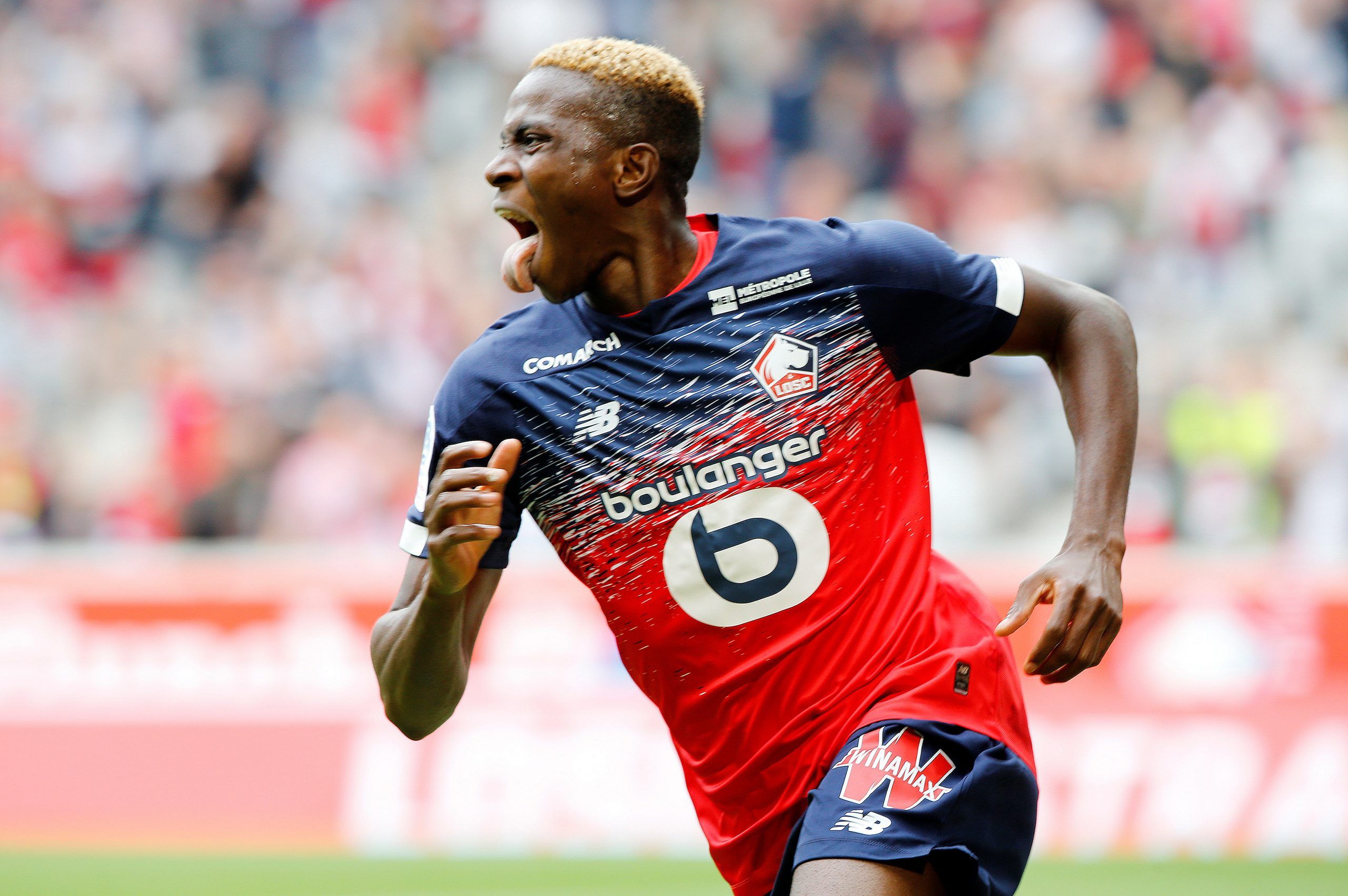 Soccer Football - Ligue 1 - Lille v Nantes - Stade Pierre-Mauroy, Lille, France - August 11, 2019  Lille's Victor Osimhen celebrates scoring their first goal   REUTERS/Pascal Rossignol