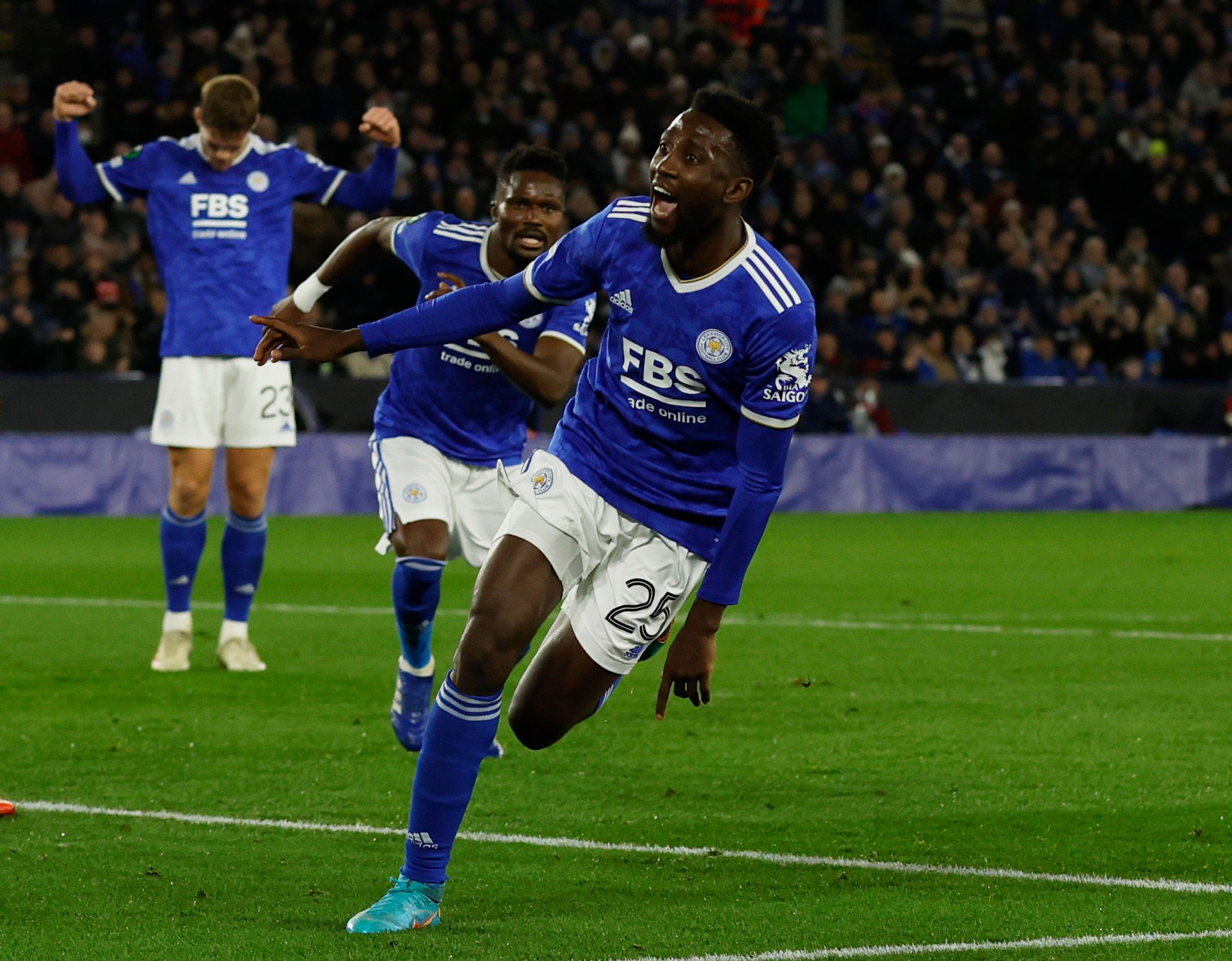 Soccer Football - Europa Conference League - Play Off First Leg - Leicester City v Randers FC - King Power Stadium, Leicester, Britain - February 17, 2022 Leicester City's Wilfred Ndidi celebrates scoring their first goal Action Images via Reuters/Jason Cairnduff