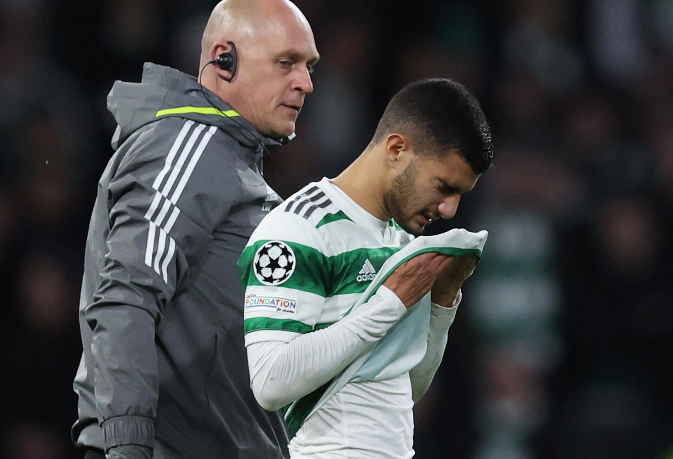 Soccer Football - Champions League - Group F - Celtic v RB Leipzig - Celtic Park, Glasgow, Scotland, Britain - October 11, 2022  Celtic's Liel Abada reacts after being substituted due to injury REUTERS/Russell Cheyne