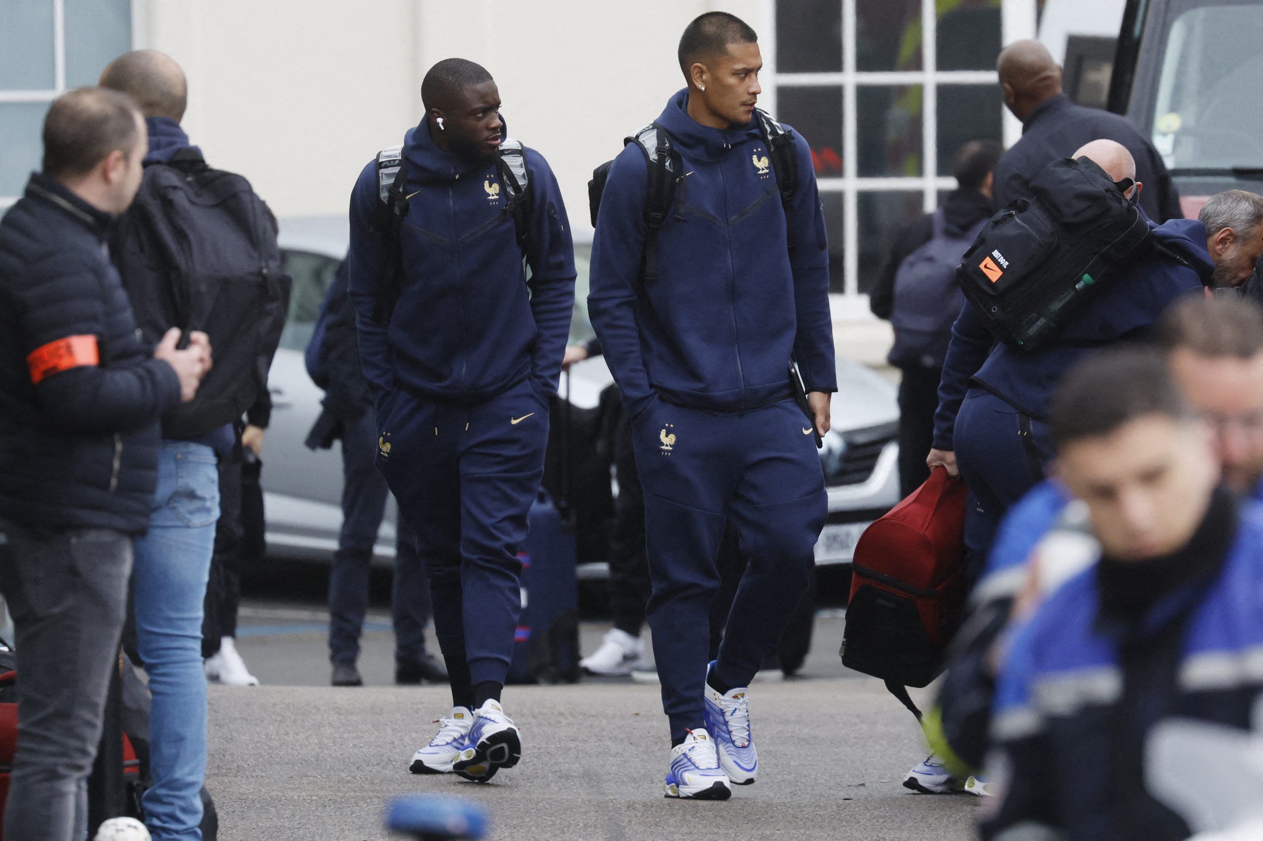 Soccer Football - FIFA World Cup Qatar 2022 - France Departure for Qatar - Le Bourget airport, Paris, France - November 16, 2022  France's Dayot Upamecano and Alphonse Areola arrive ahead of the departure for the FIFA World Cup Qatar 2022 REUTERS/Gonzalo Fuentes