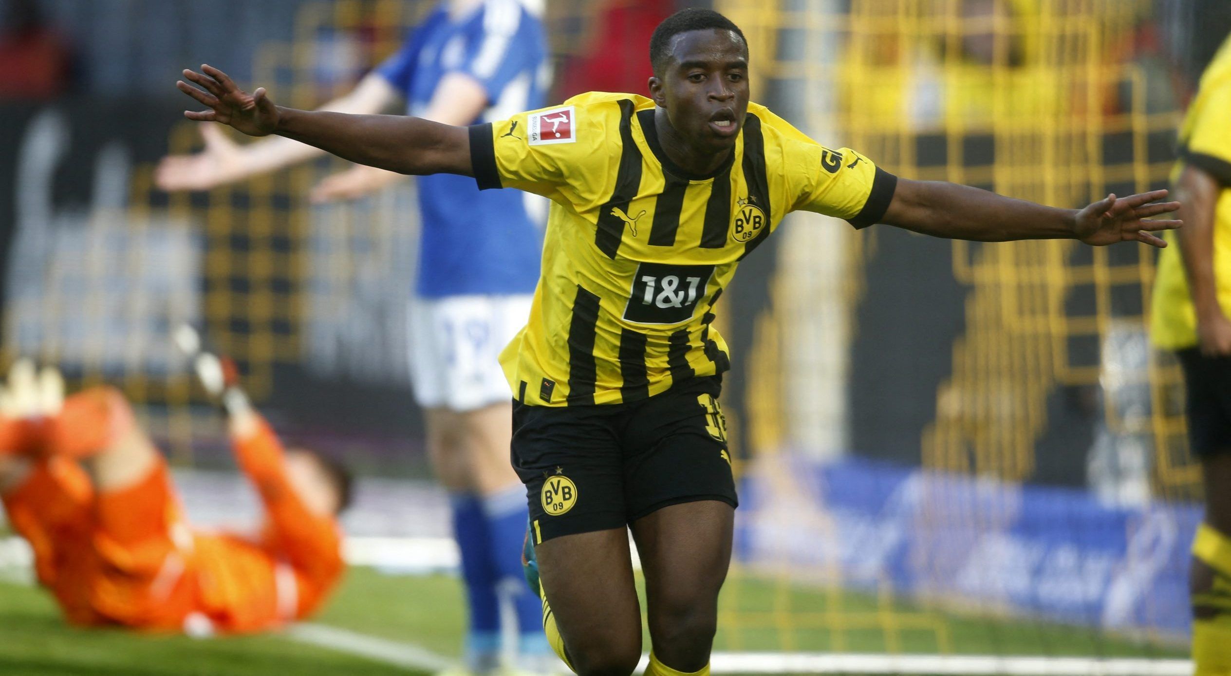 Borussia Dortmund's Youssoufa Moukoko celebrates scoring their first goal