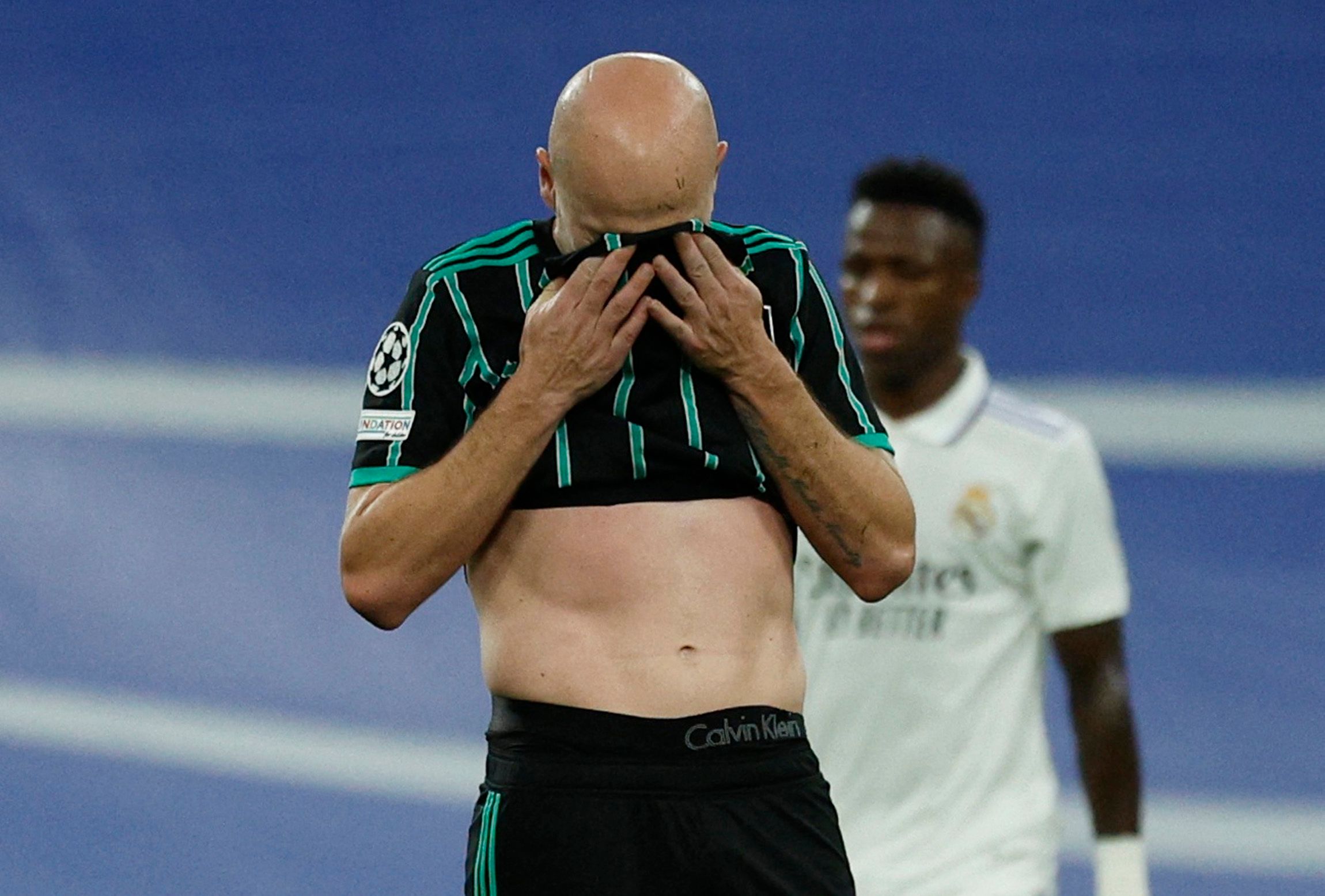 Soccer Football - Champions League - Group F - Real Madrid v Celtic - Santiago Bernabeu, Madrid, Spain - November 2, 2022 Celtic's Aaron Mooy looks dejected after Real Madrid's Vinicius Junior scored their fourth goal REUTERS/Susana Vera
