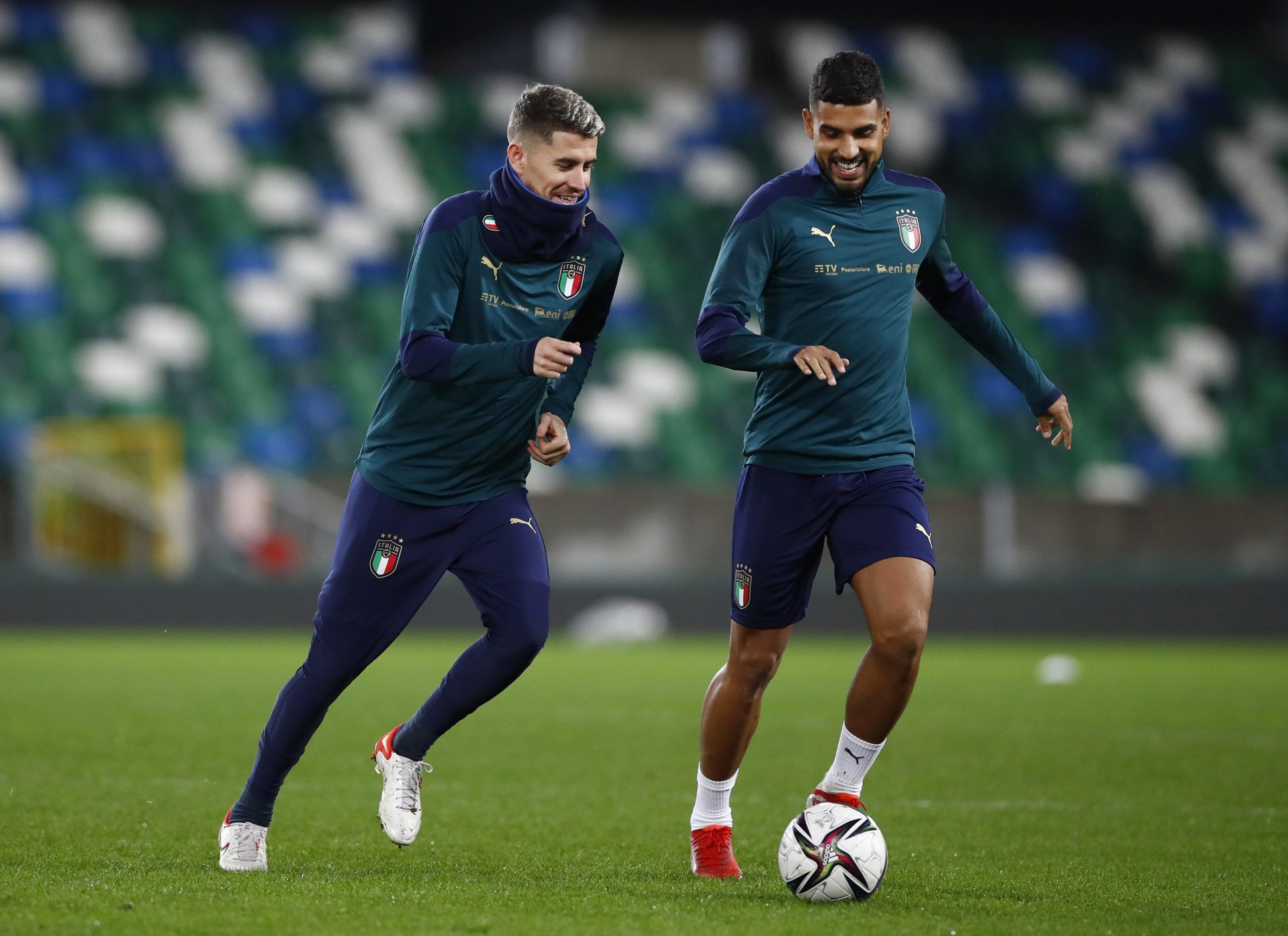 Soccer Football - World Cup - UEFA Qualifiers - Italy Training - Windsor Park, Belfast, Northern Ireland - November 14, 2021 Italy's Jorginho and Emerson Palmieri during training Action Images via Reuters/Jason Cairnduff